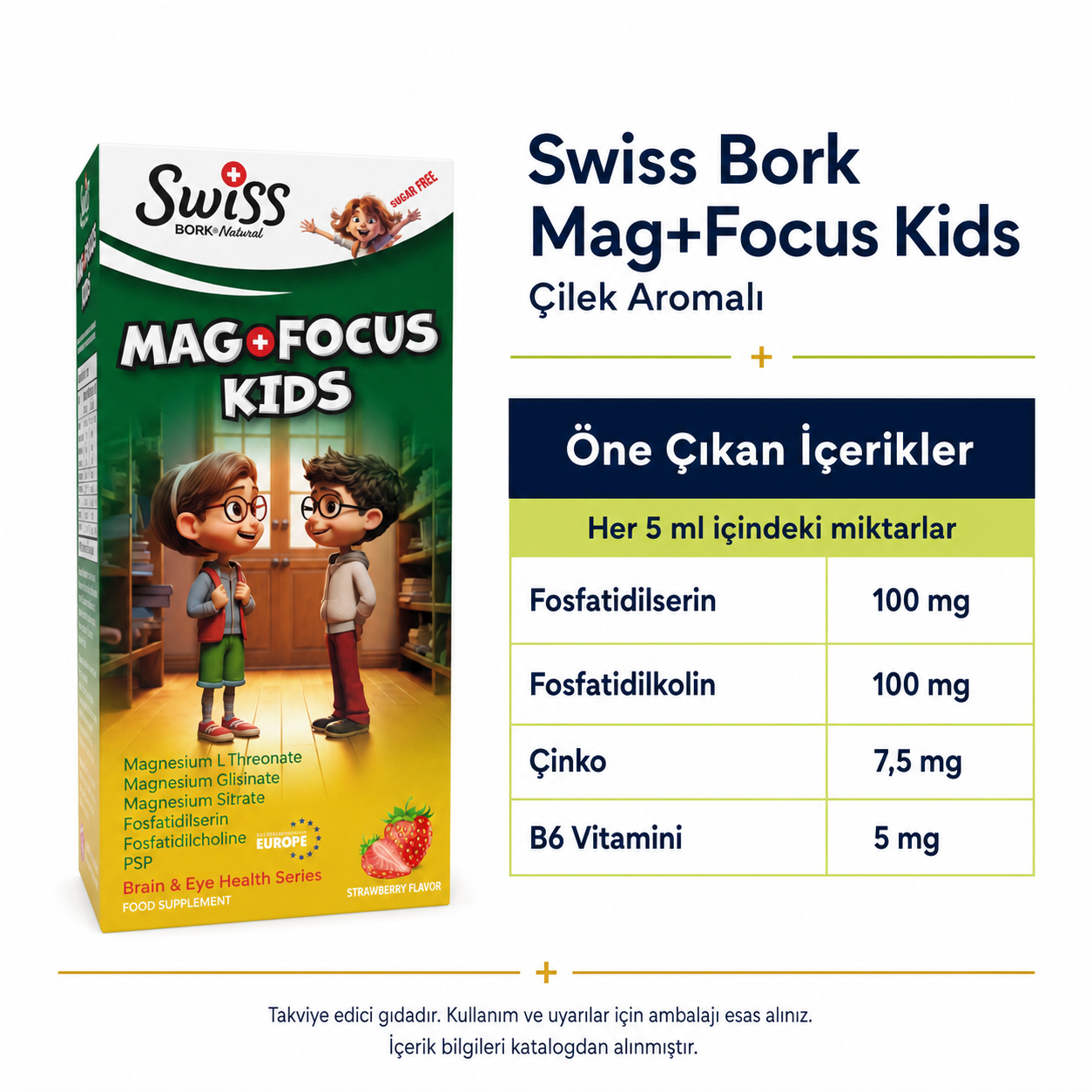 Swiss Bork Mag+Focus Kids Çilek Aromalı Sıvı Takviye
