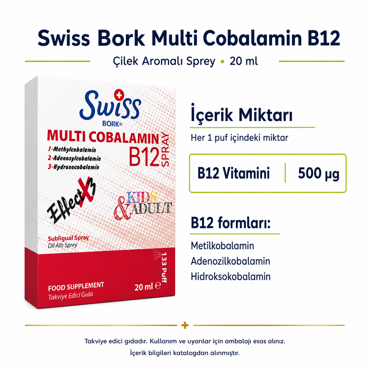 Swiss Bork Multi Cobalamin B12 Çilek Aromalı Sprey 20 ml