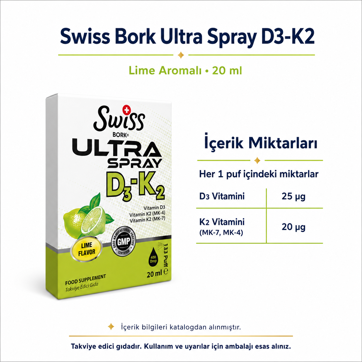 Swiss Bork Ultra Spray D3-K2 Lime Aromalı Sprey 20 ml