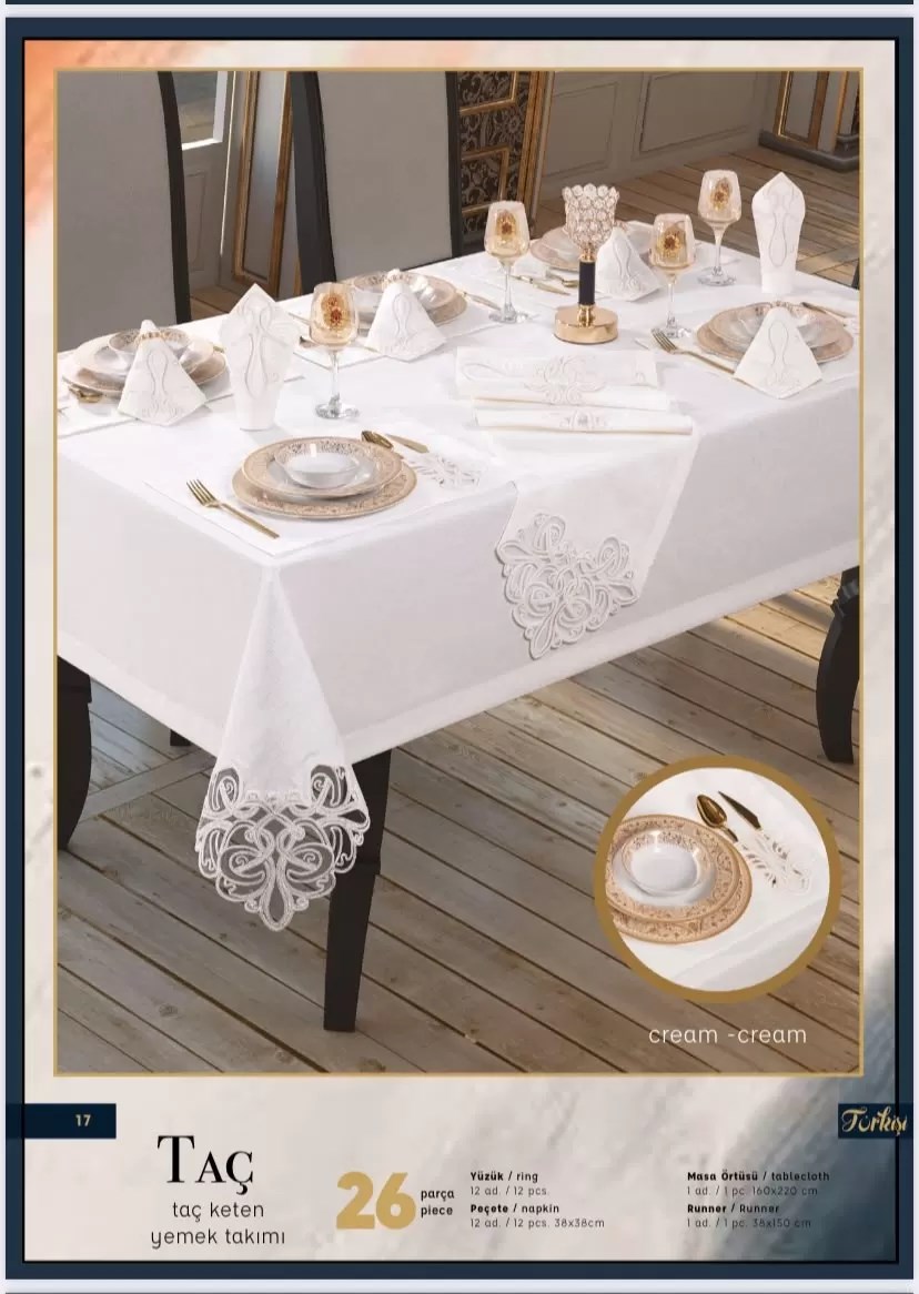 Taç Keten Krem-Krem 160 × 260 cm suplalı masa seti