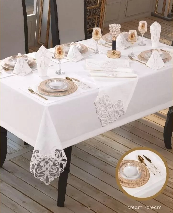 Taç Keten Krem-Krem 26 Parça 160 × 260 cm Supla Runner Sofra Masa Takımı