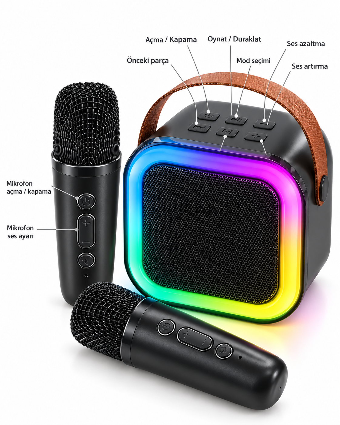 Taşıma Askılı Siyah LED Işıklı Bluetooth Hoparlör Çift Mikrofonlu Karaoke Seti