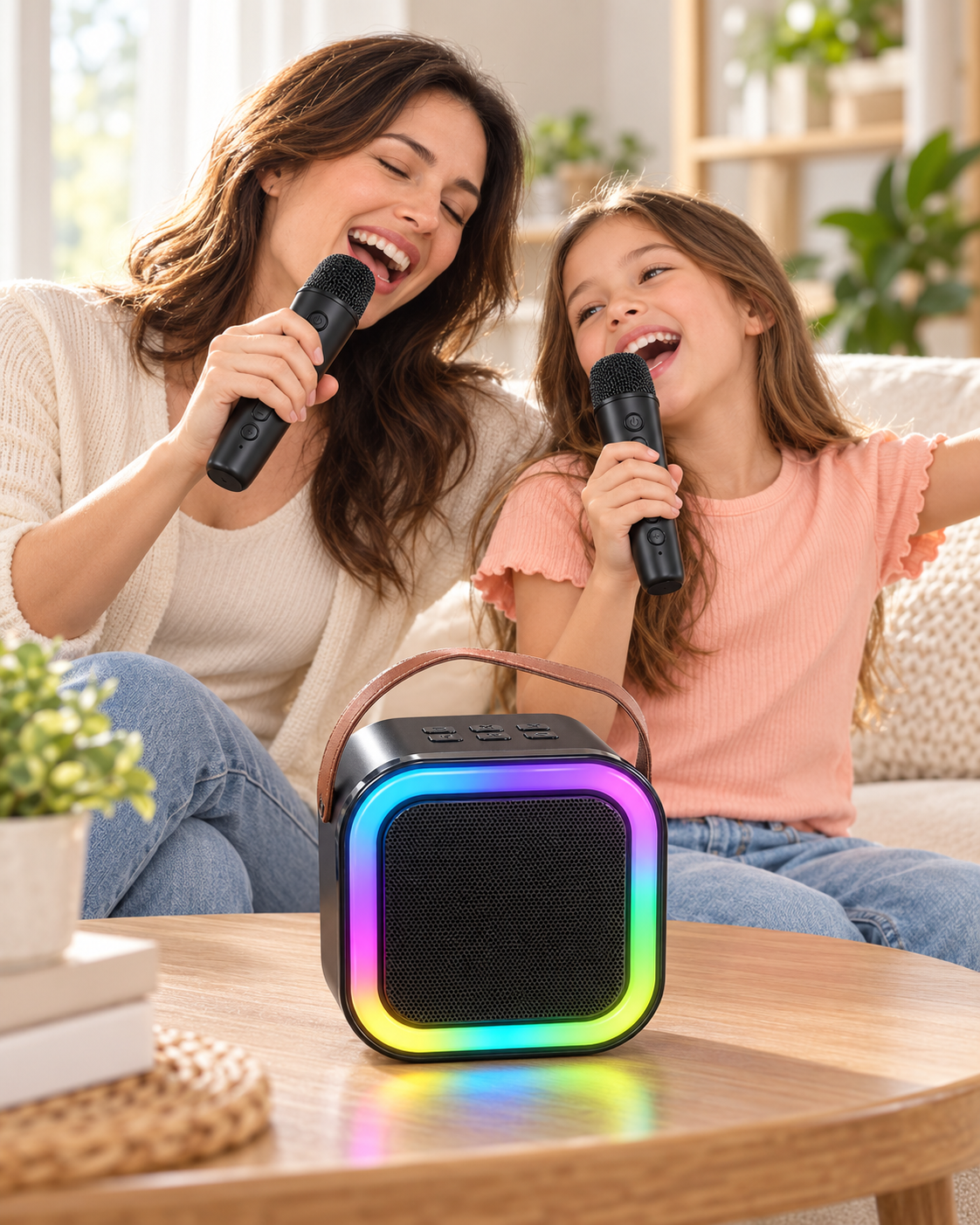 Taşıma Askılı Siyah LED Işıklı Bluetooth Hoparlör Çift Mikrofonlu Karaoke Seti