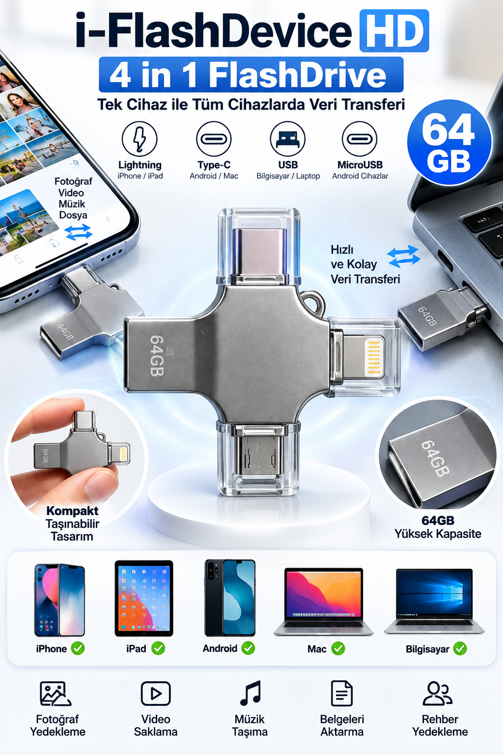 Tek Ürünle Birden Fazla Cihazda Kullanım Sunan 64GB Lightning Type C USB MicroUSB Girişli Flash Bellek