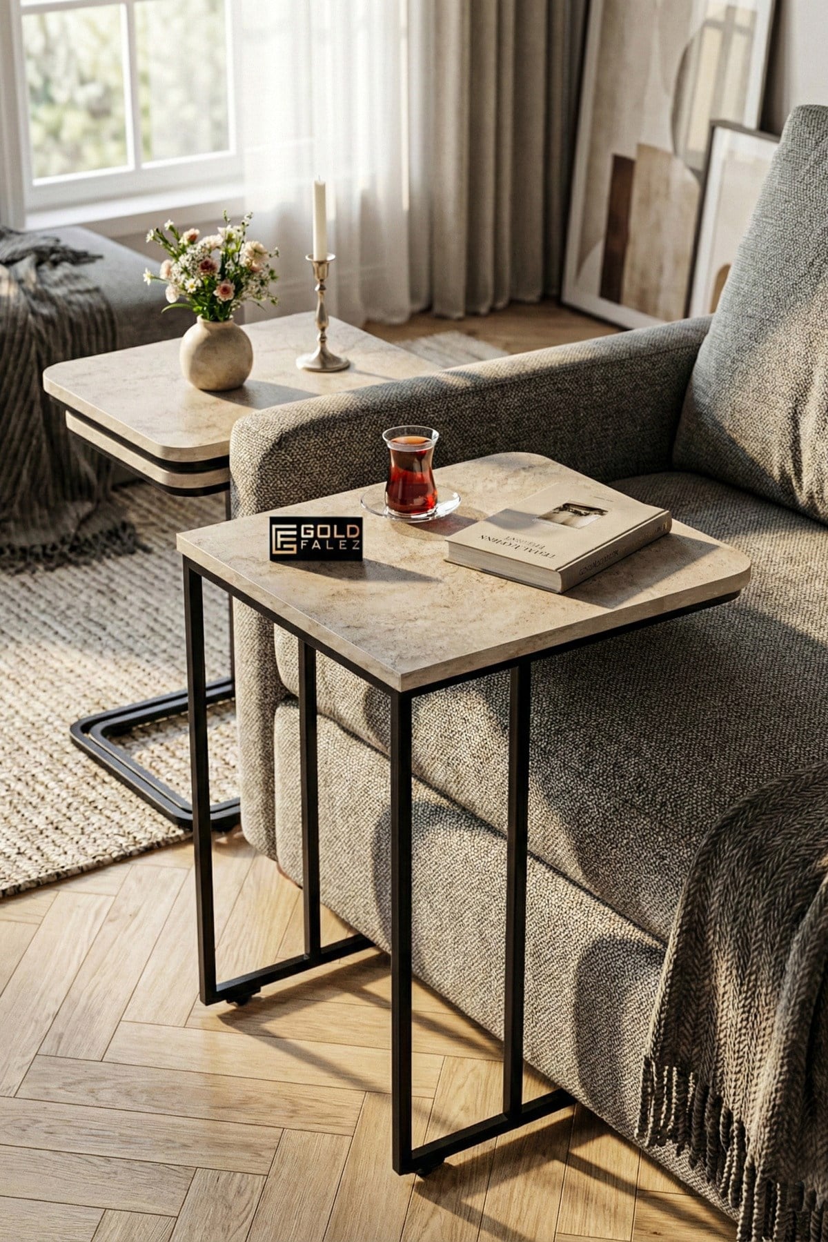 Tekerlekli C Zigon Sehpa Ekru 3'lü