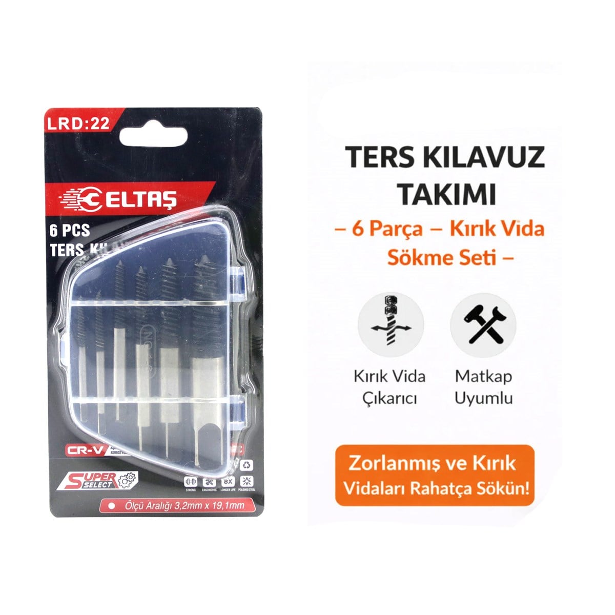 Ters Klavuz Uç Vida Çıkarıcı Seti 6 Parça (3-22 mm)