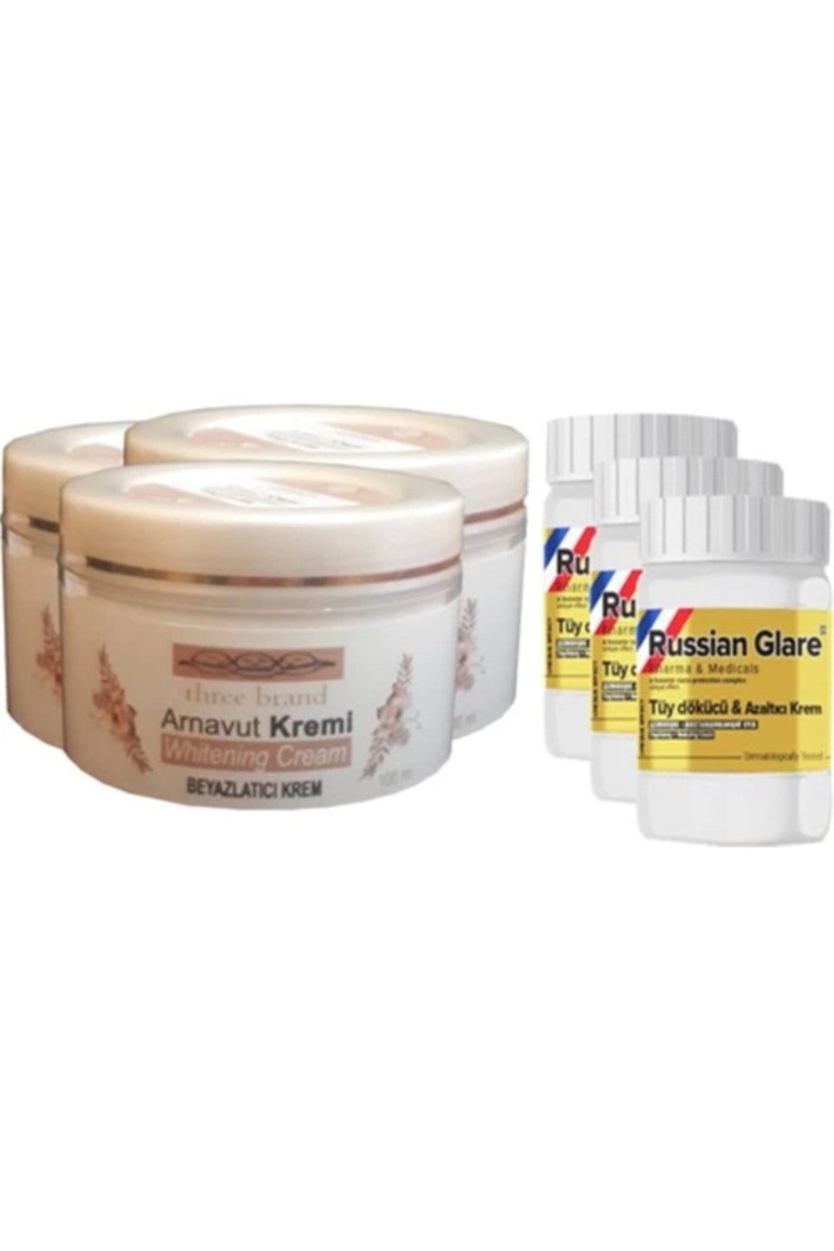Three Brand 100 ml Arnavut Aklık Kremi 3 Ad + Russıan Glare Tüy Dökücü Azaltıcı Merhem 50 ml 3 Ad