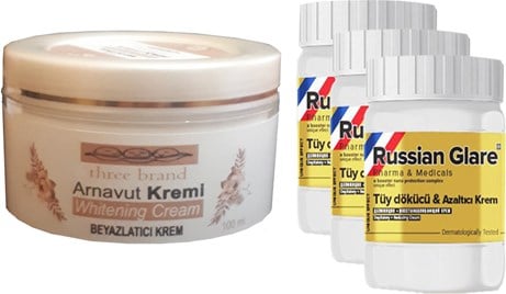 Three Brand Whitening Cream 100 ml Arnavut Kremi Aklık Kremi  + Russıan Glare Tüy Dökücü Azaltıcı Merhem 50 ml 3 Adet