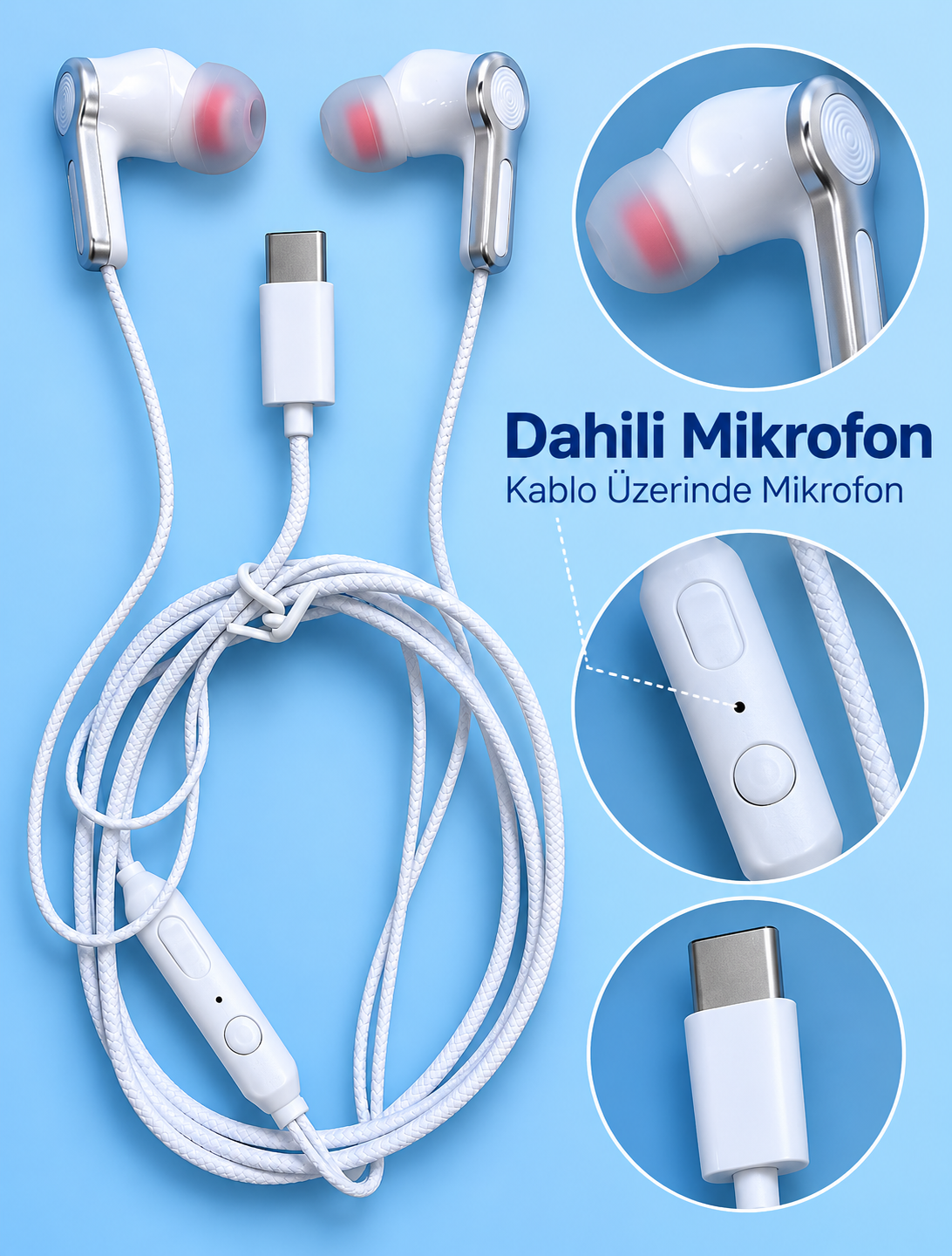 Type C Girişli Mikrofonlu Beyaz Kablolu Kulak İçi Kulaklık