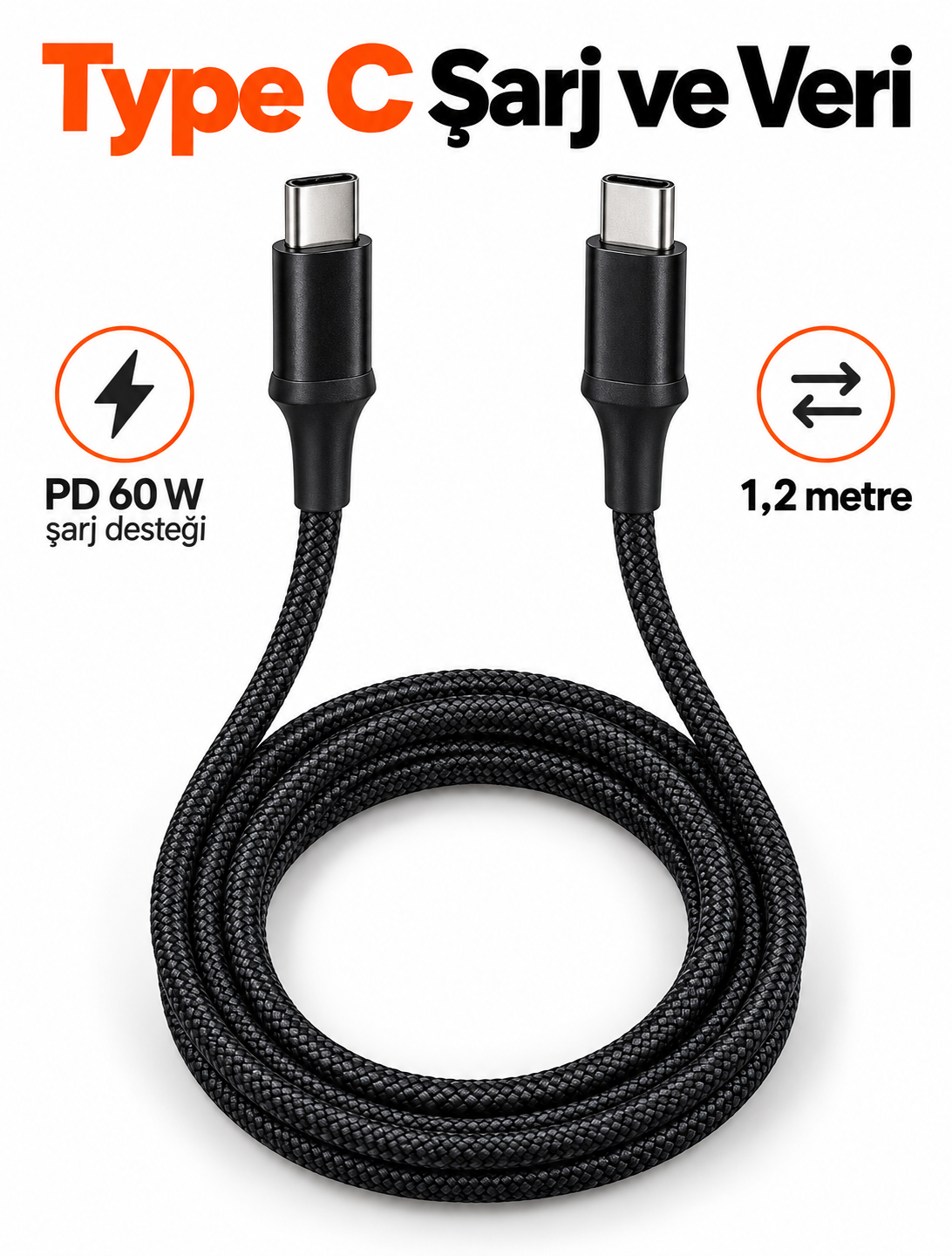 Type C to Type C LED Işıklı Şarj Kablosu 1,2 Metre