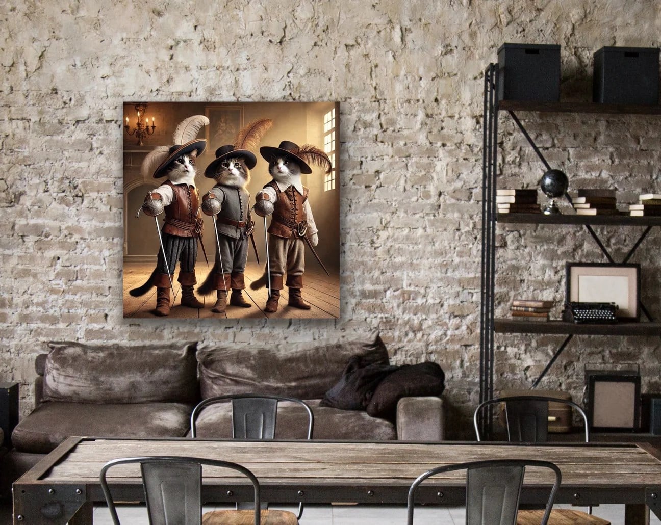 Üç Silahşör Kedi Kanvas Tablo 90x90cm