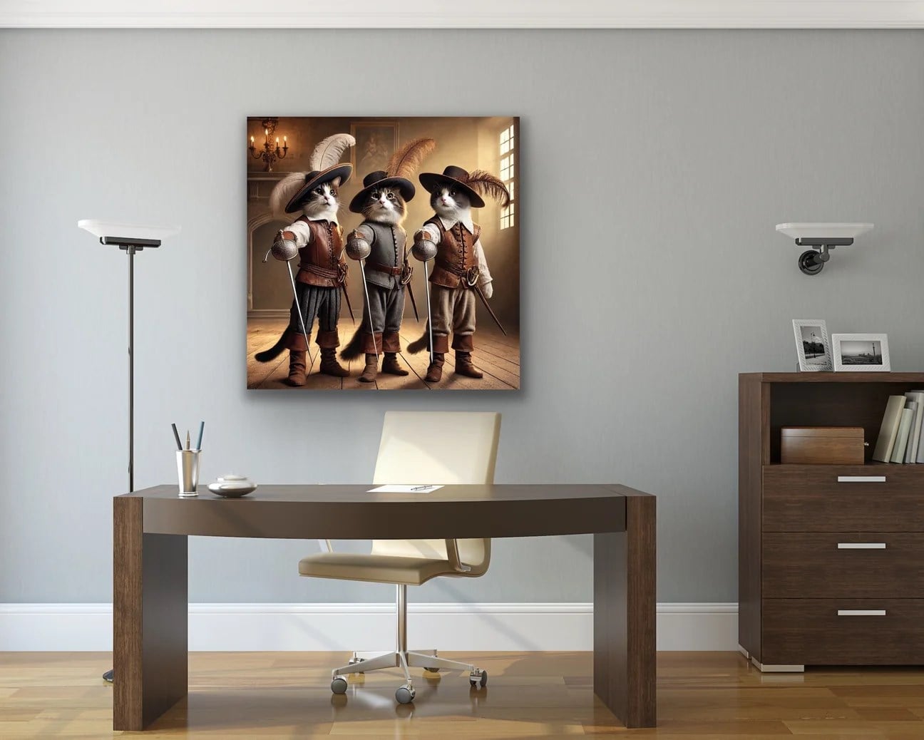 Üç Silahşör Kedi Kanvas Tablo 90x90cm