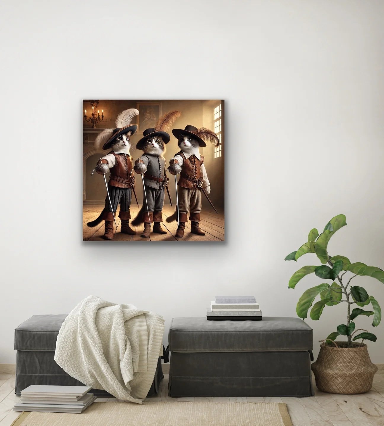 Üç Silahşör Kedi Kanvas Tablo 90x90cm