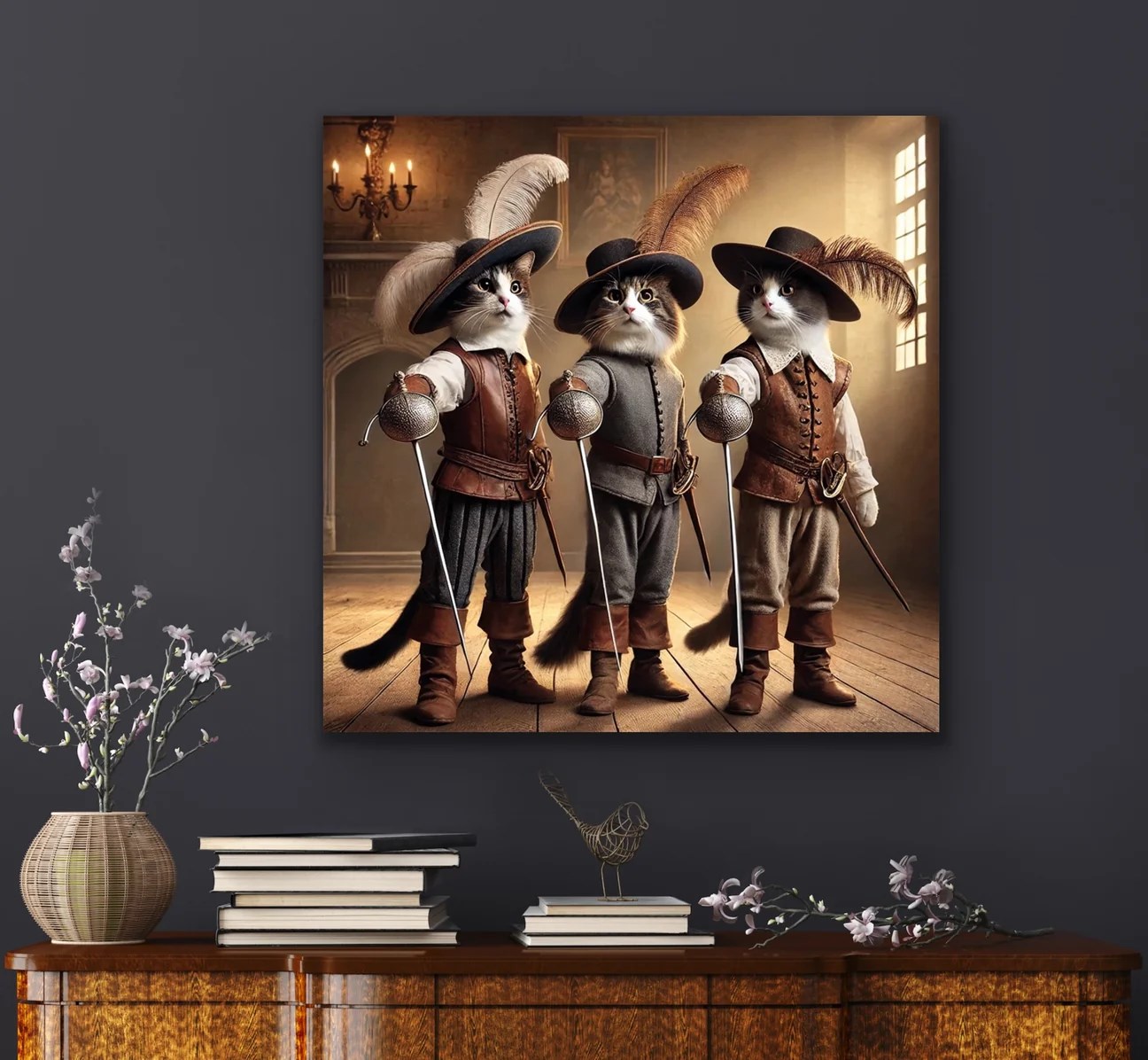 Üç Silahşör Kedi Kanvas Tablo 90x90cm