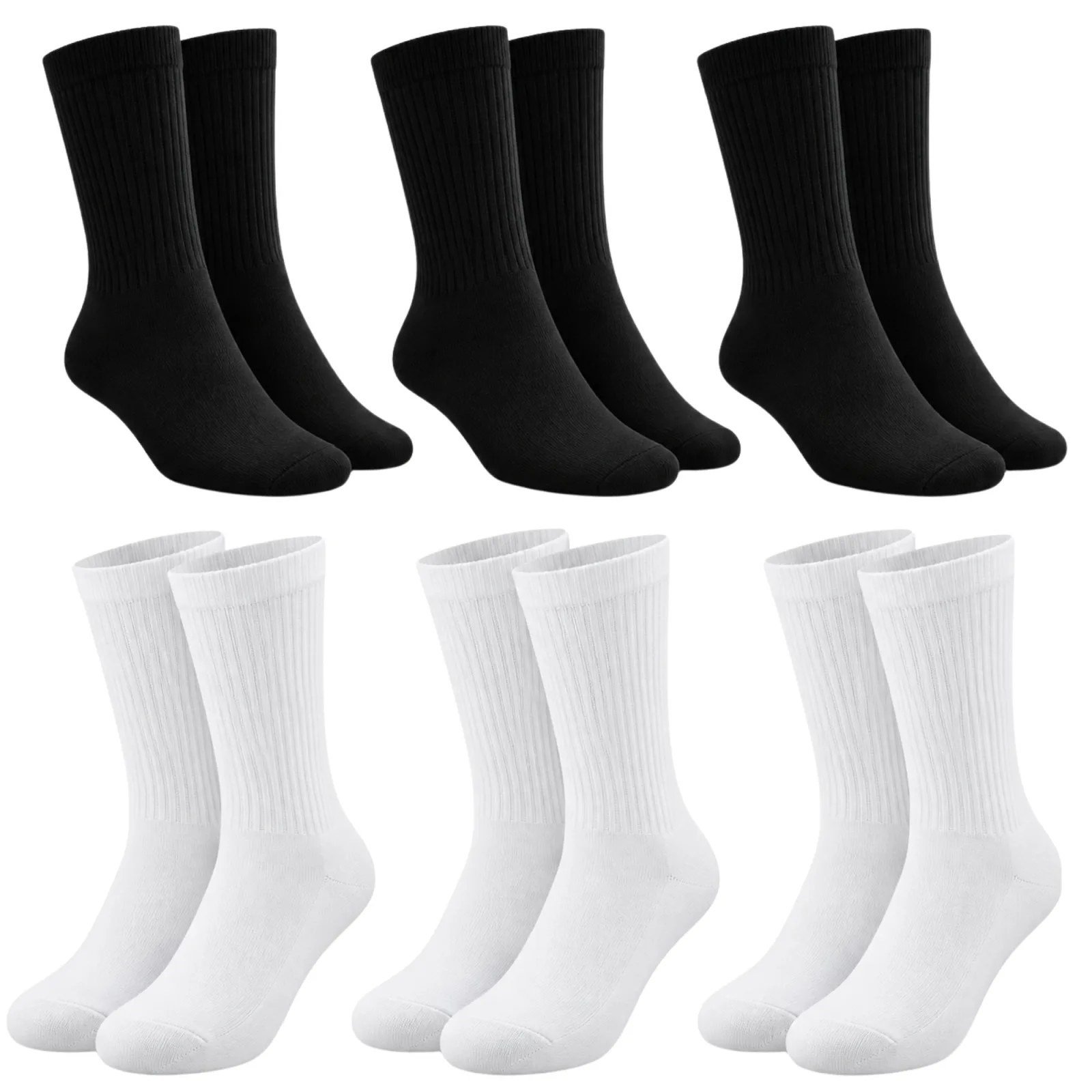 Unisex Basic Siyah Beyaz Soket Çorap 6'lı Set Kadın Erkek Spor Günlük Uzun Ribanalı Rahat Çorap Set