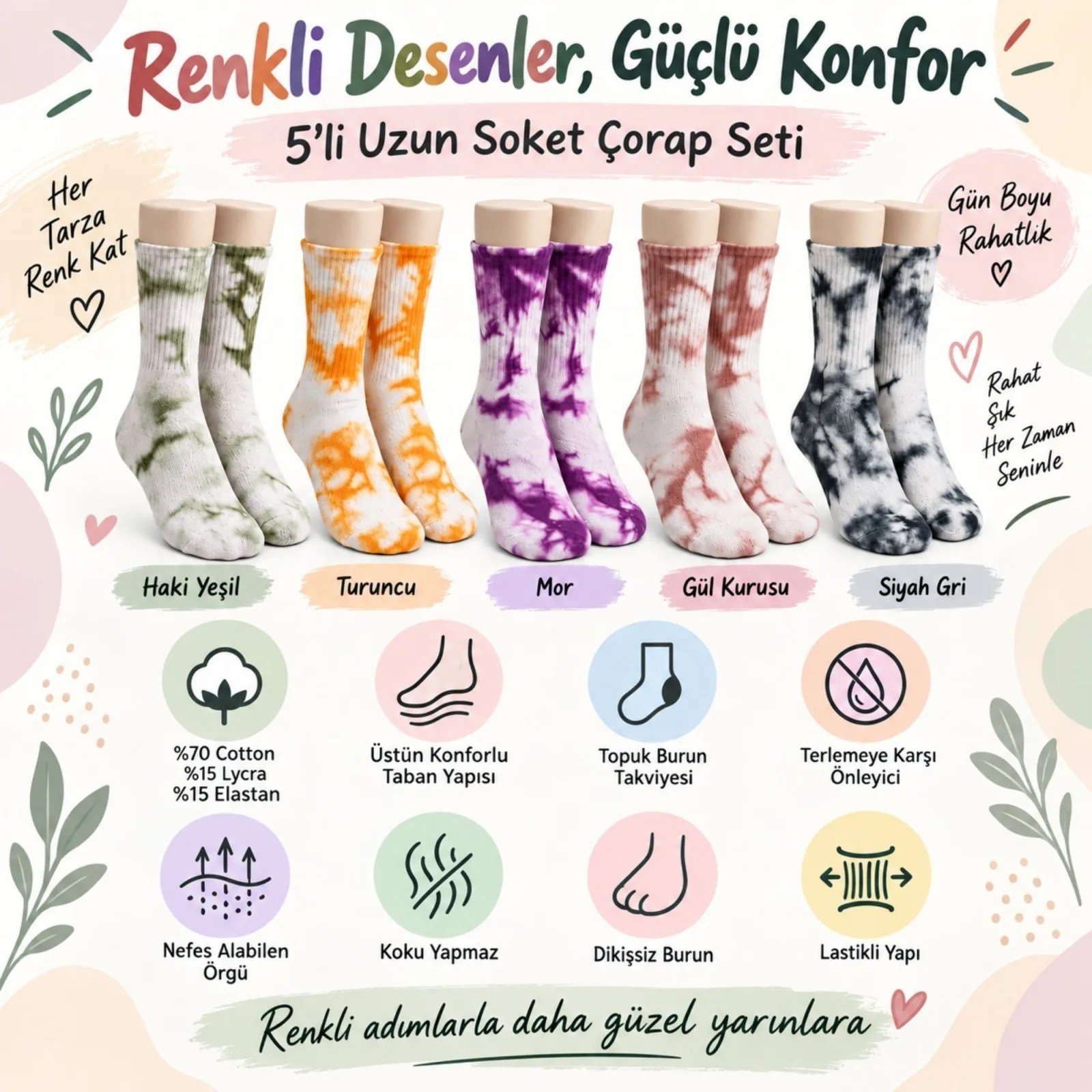 Unisex Batik Desenli Çorap 10'lu Set Renkli Pamuklu Uzun Soket Dikişsiz Nefes Alan Günlük Spor Çorabı