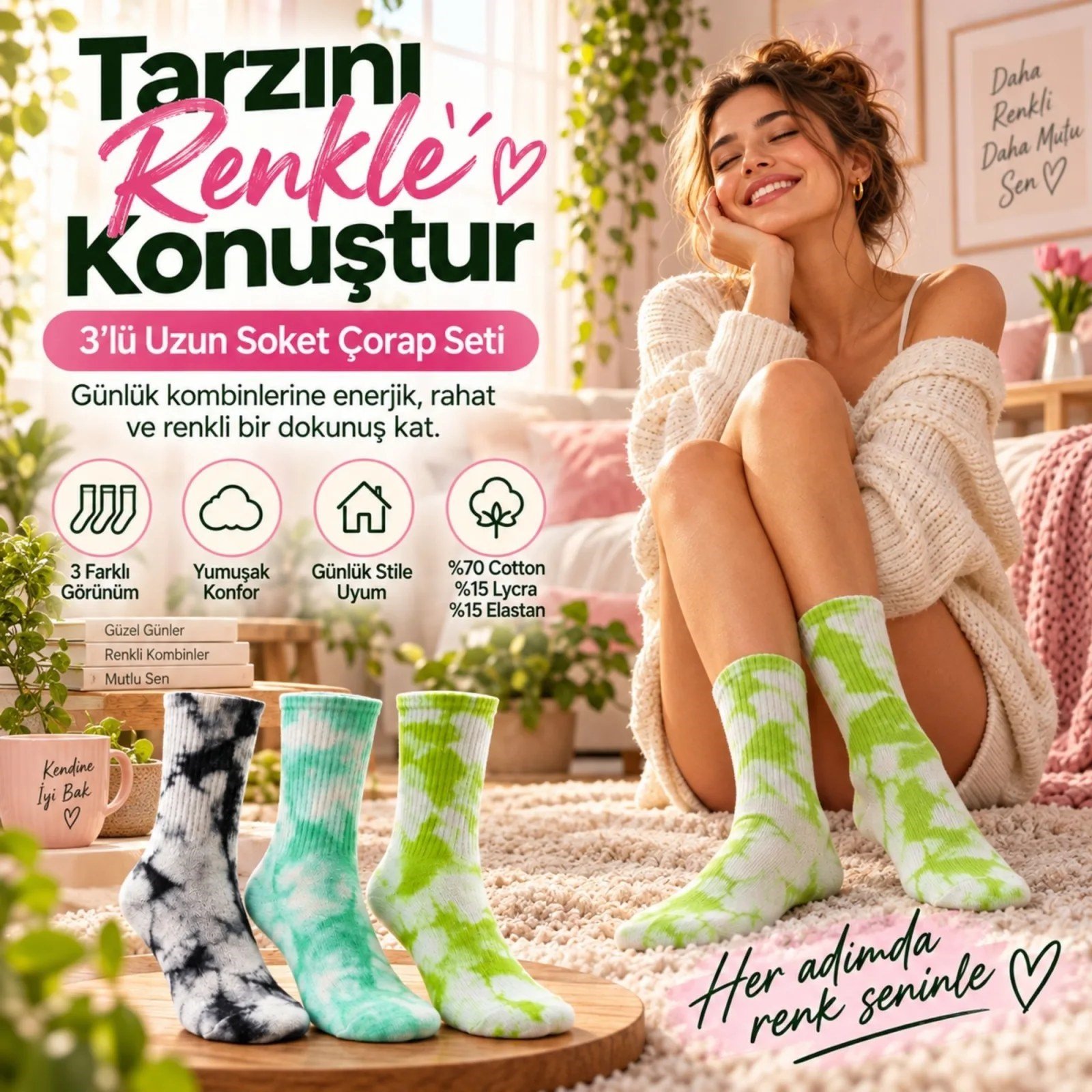Unisex Batik Desenli Çorap 3'lü Set Renkli Pamuklu Uzun Soket Dikişsiz Nefes Alan Günlük Spor Çorabı