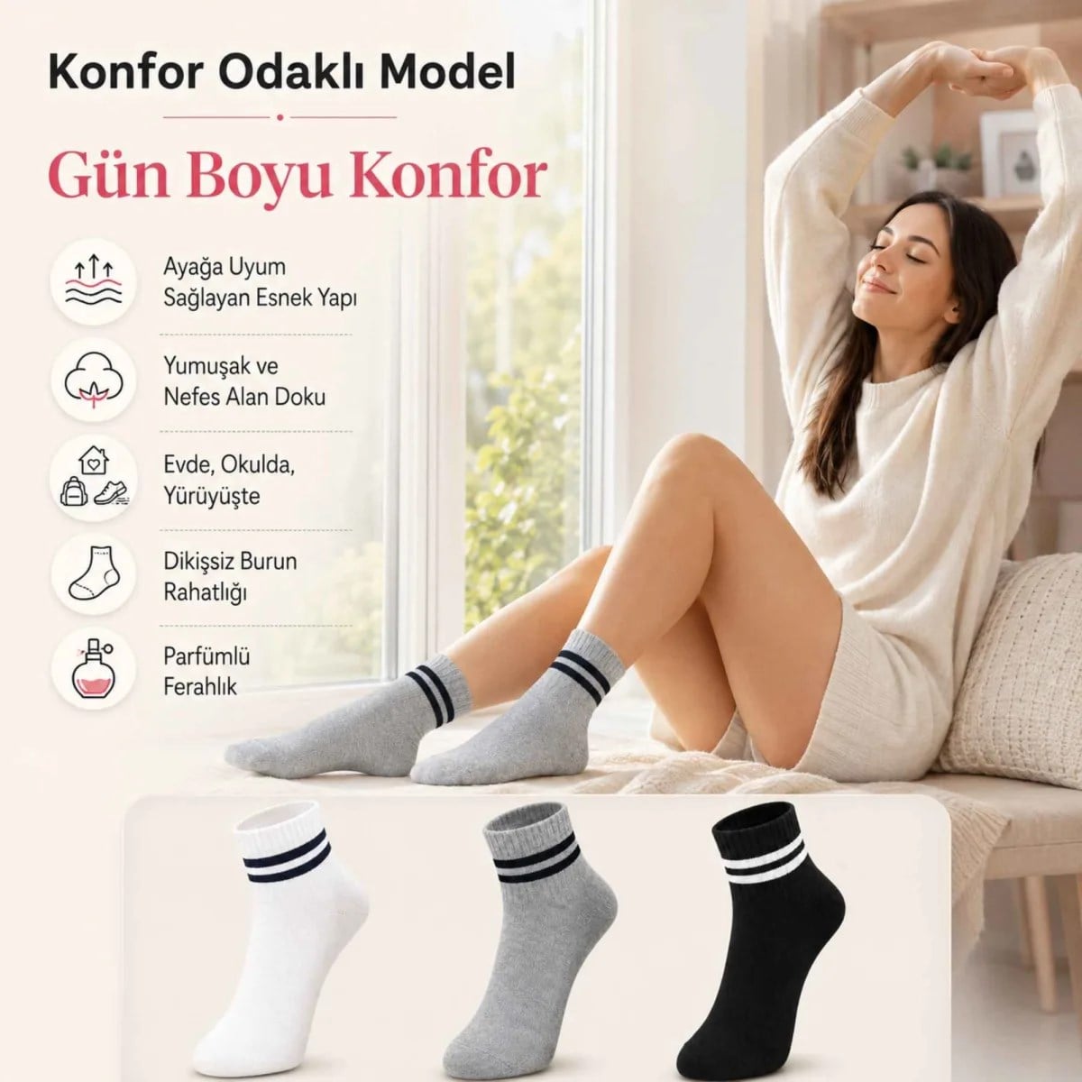 Unisex Çizgili Kısa Konç 6'lı Bilek Çorabı, %80 Pamuklu Parfümlü, Dikişsiz Burun, Siyah Beyaz Gri, Yumuşak Günlük Spor Çorap