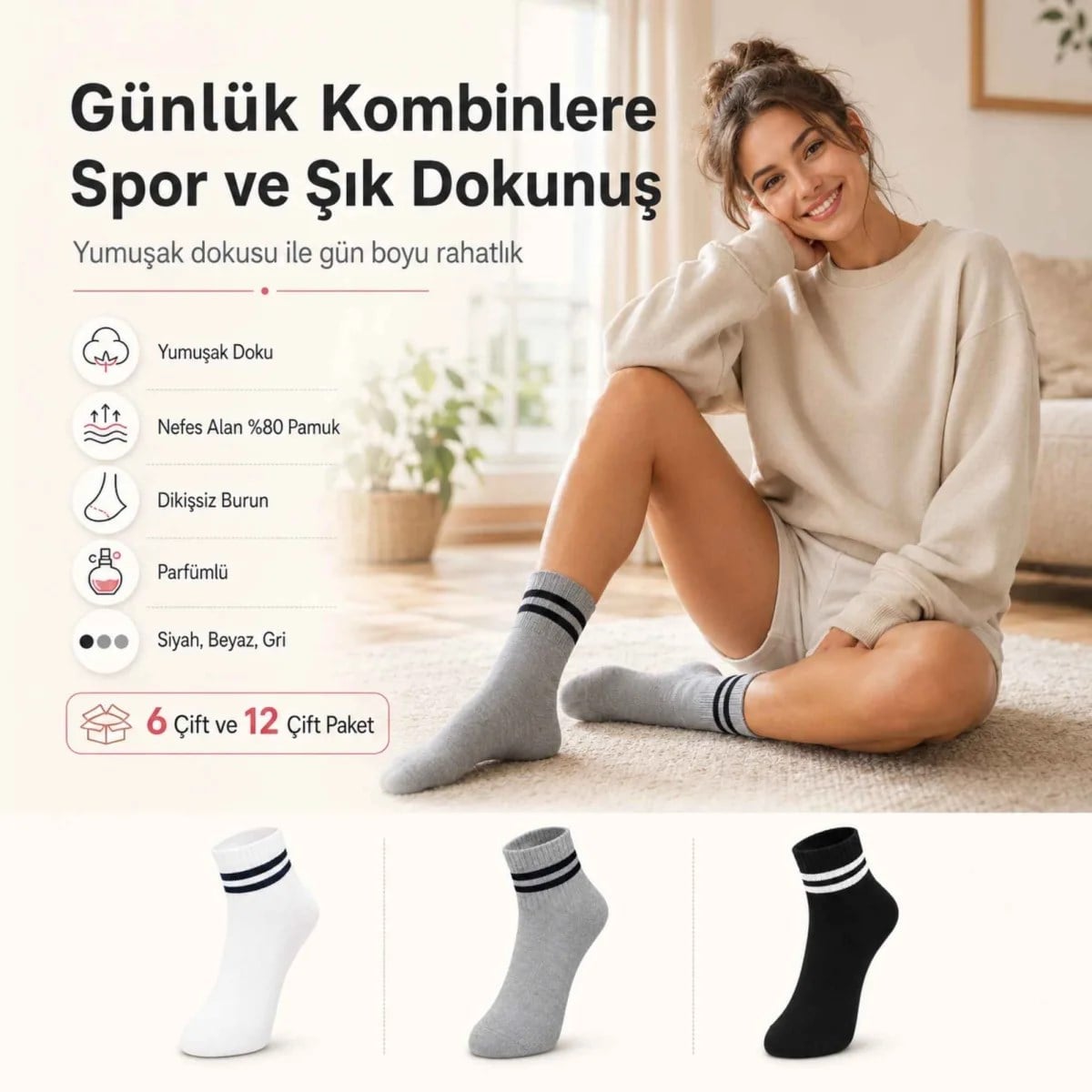 Unisex Çizgili Kısa Konç 6'lı Bilek Çorabı, %80 Pamuklu Parfümlü, Dikişsiz Burun, Siyah Beyaz Gri, Yumuşak Günlük Spor Çorap