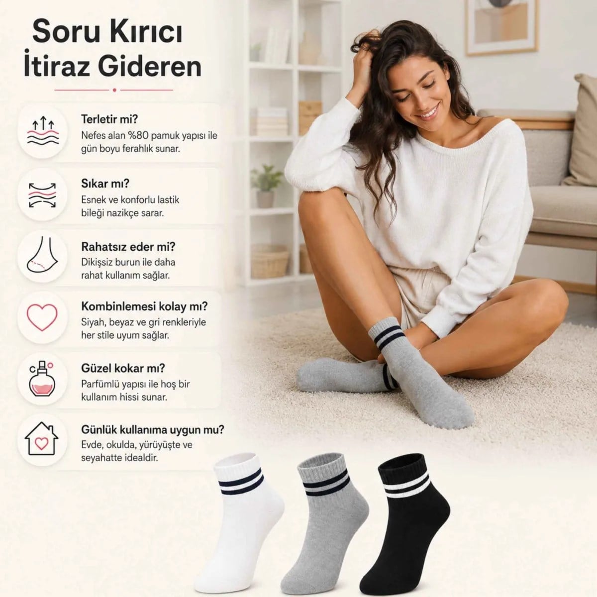 Unisex Çizgili Kısa Konç 6'lı Bilek Çorabı, %80 Pamuklu Parfümlü, Dikişsiz Burun, Siyah Beyaz Gri, Yumuşak Günlük Spor Çorap