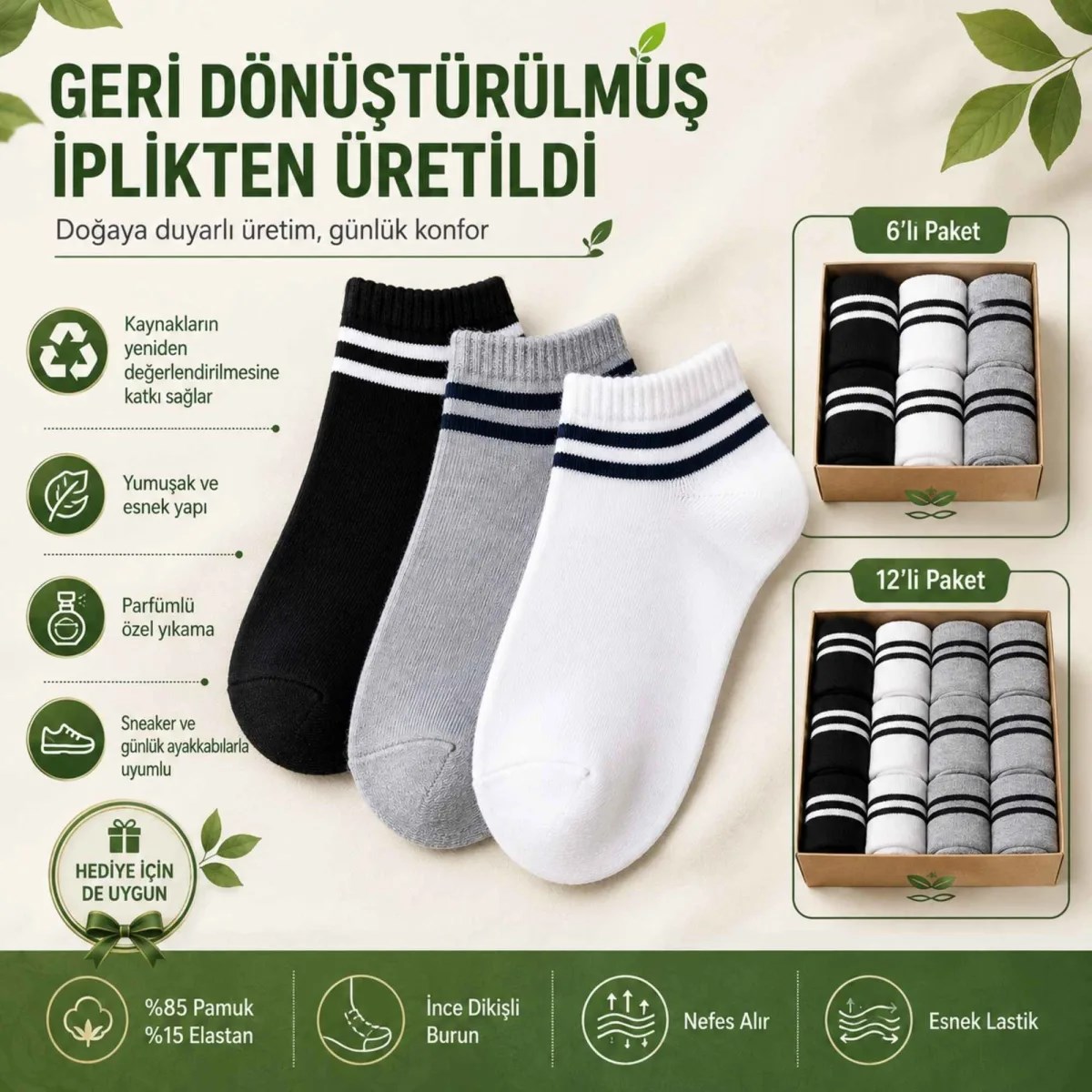 Unisex Çizgili Kısa Konç Patik Çorap 6 Çift, %85 Pamuklu Geri Dönüştürülmüş İplik, Parfümlü İnce Dikişli, Siyah Beyaz Gri Günlük Spor Çorabı
