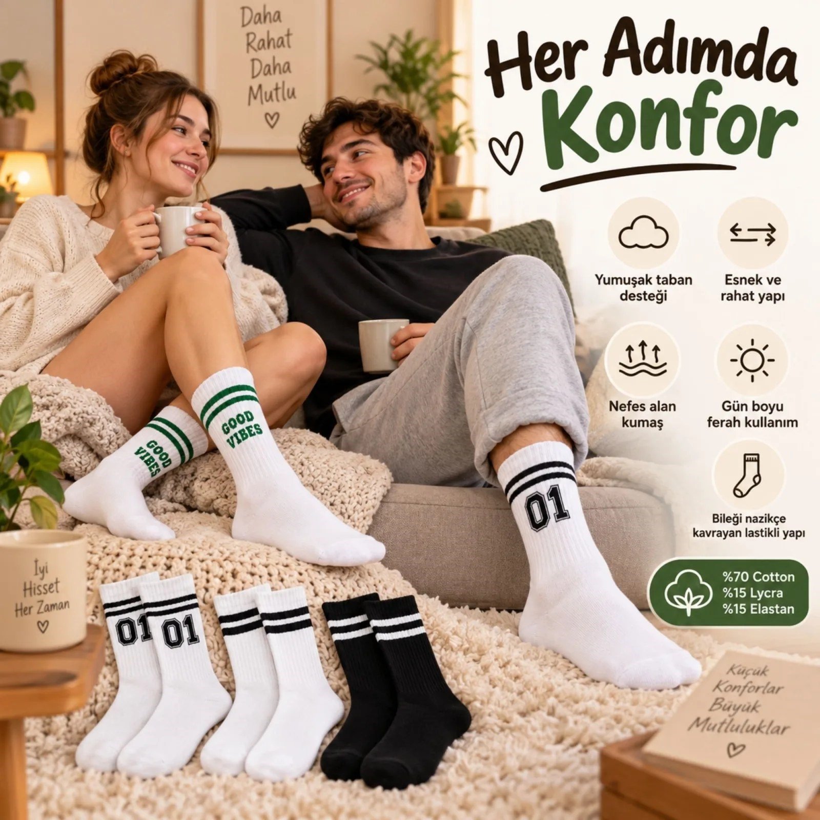 Unisex Çorap Çizgili 4'lü Set 07 Good Vibes Yazılı Siyah Beyaz Uzun Soket Spor Kolej Stil Rahat Şık