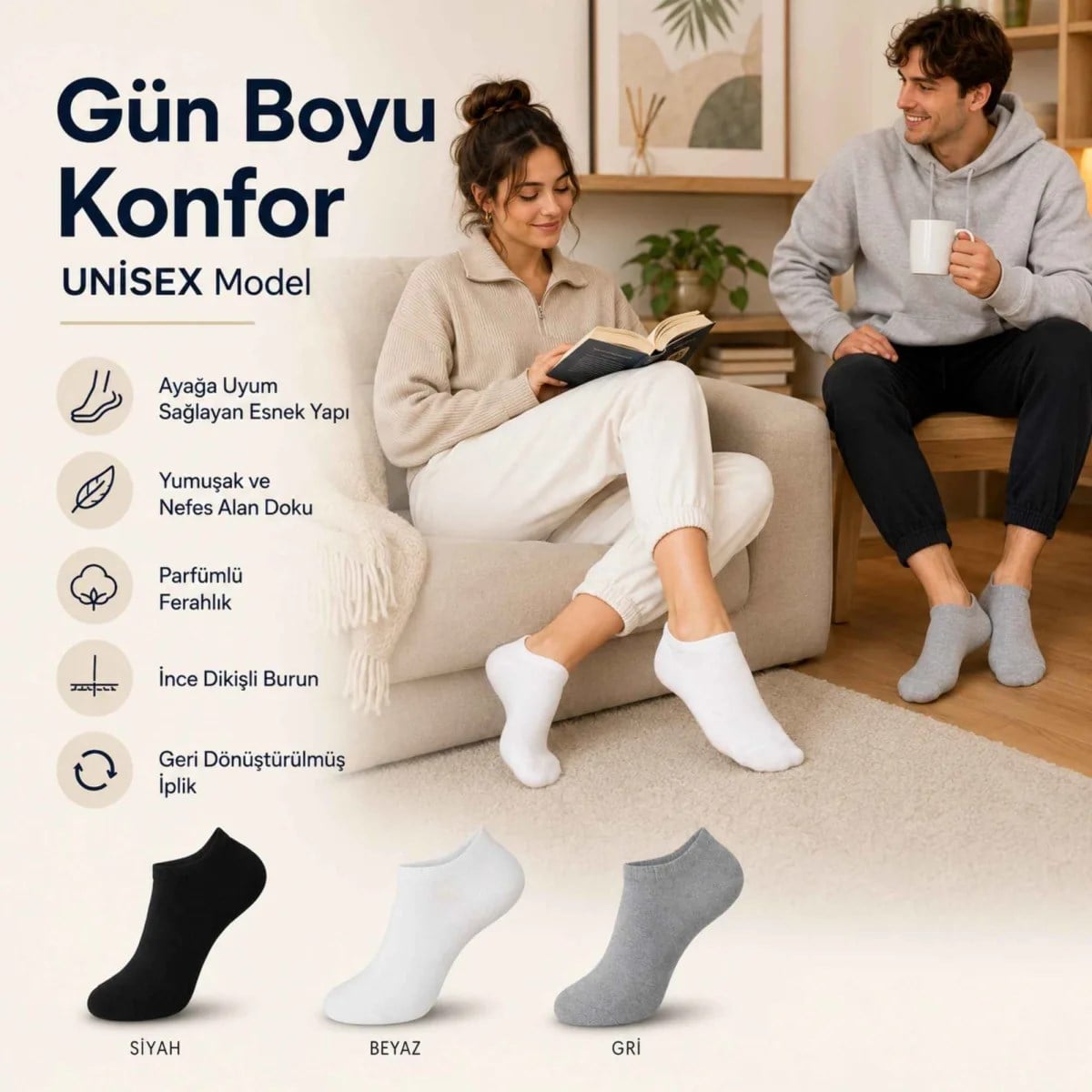 Unisex Dikişsiz Kısa Konç 6'lı Patik Çorap, %85 Pamuklu Geri Dönüştürülmüş İplik, Parfümlü, Siyah Beyaz Gri, Yumuşak Nefes Alan Günlük Spor Çorabı