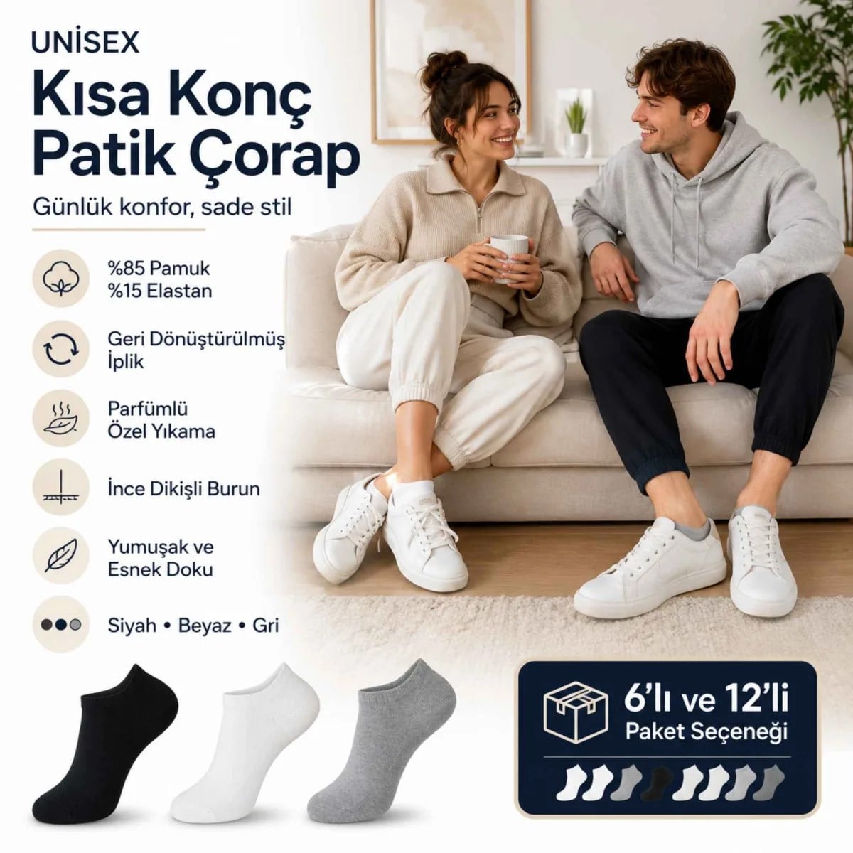 Unisex Dikişsiz Kısa Konç 6'lı Patik Çorap, %85 Pamuklu Geri Dönüştürülmüş İplik, Parfümlü, Siyah Beyaz Gri, Yumuşak Nefes Alan Günlük Spor Çorabı