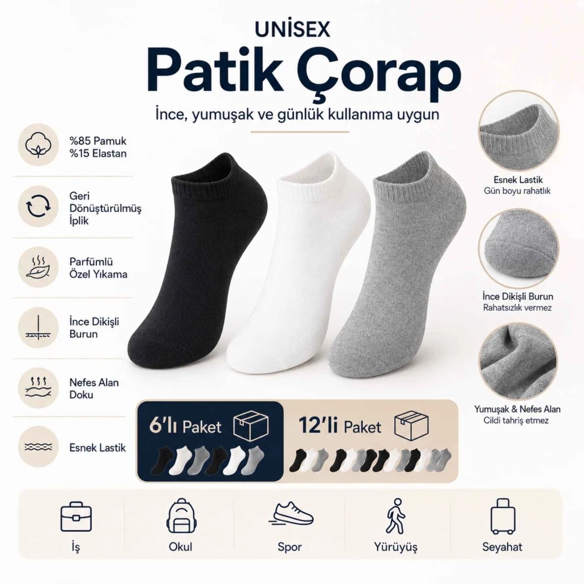Unisex Dikişsiz Kısa Konç 6'lı Patik Çorap, %85 Pamuklu Geri Dönüştürülmüş İplik, Parfümlü, Siyah Beyaz Gri, Yumuşak Nefes Alan Günlük Spor Çorabı