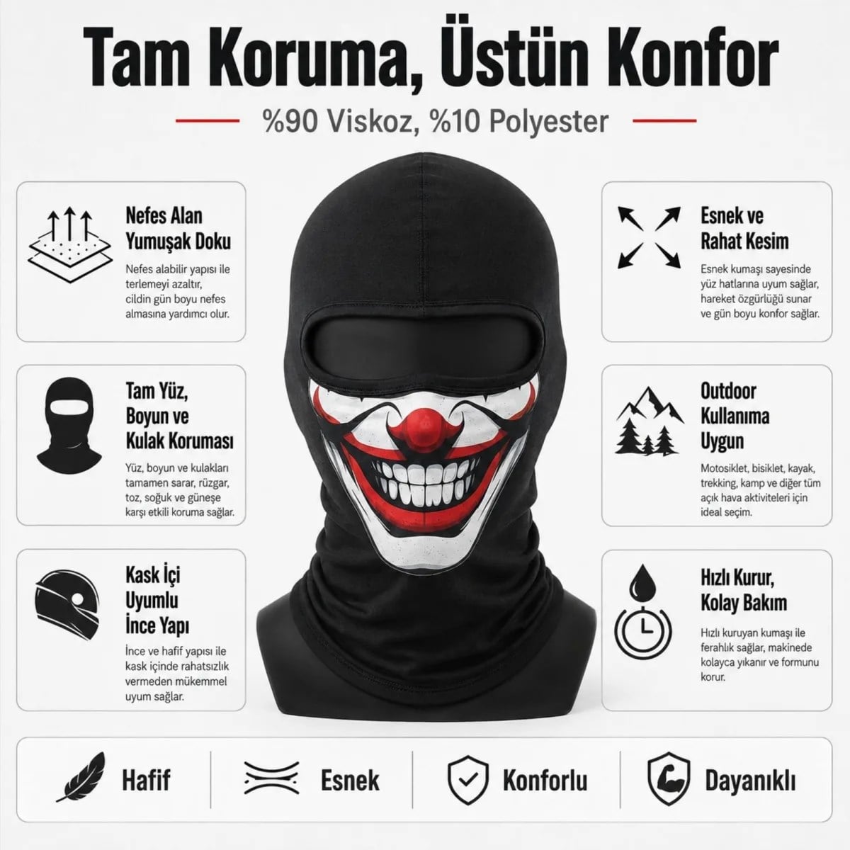 Unisex Palyaço Baskılı Balaklava Maske 1 Adet Tek Beden Viskoz Kask İçi Outdoor Motosiklet Maskesi