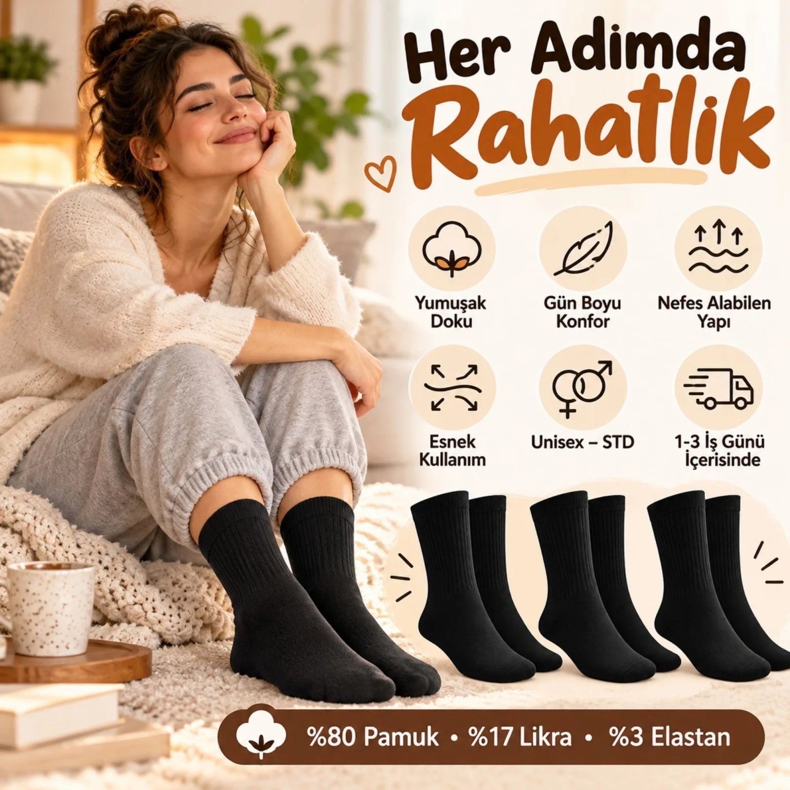 Unisex Siyah Soket Çorap 3'lü Set Düz Basic Ribanalı Günlük Spor Esnek Rahat Uzun Çorap Konforlu Set