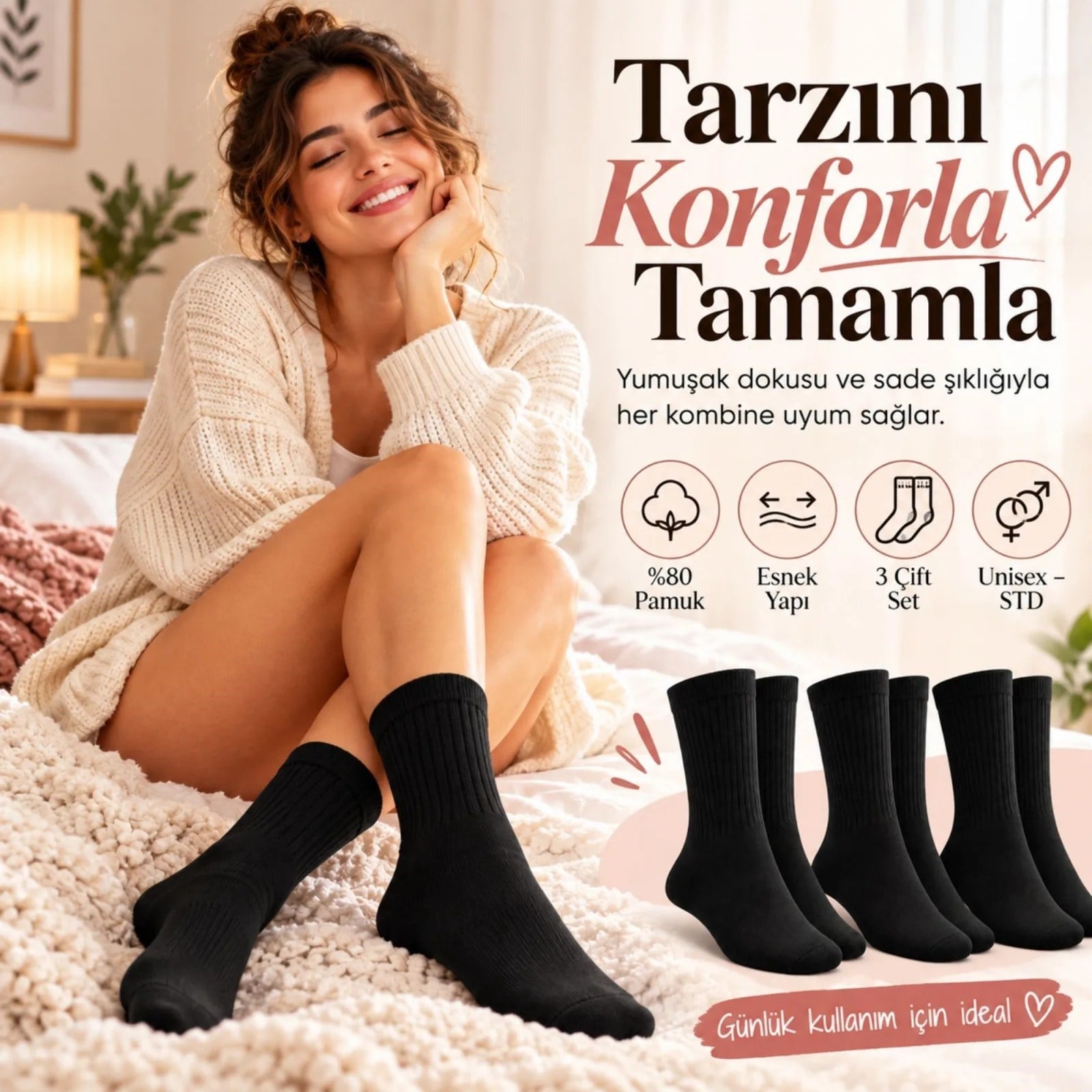 Unisex Siyah Soket Çorap 6'lı Set Düz Basic Ribanalı Günlük Spor Esnek Rahat Uzun Çorap Konforlu Set