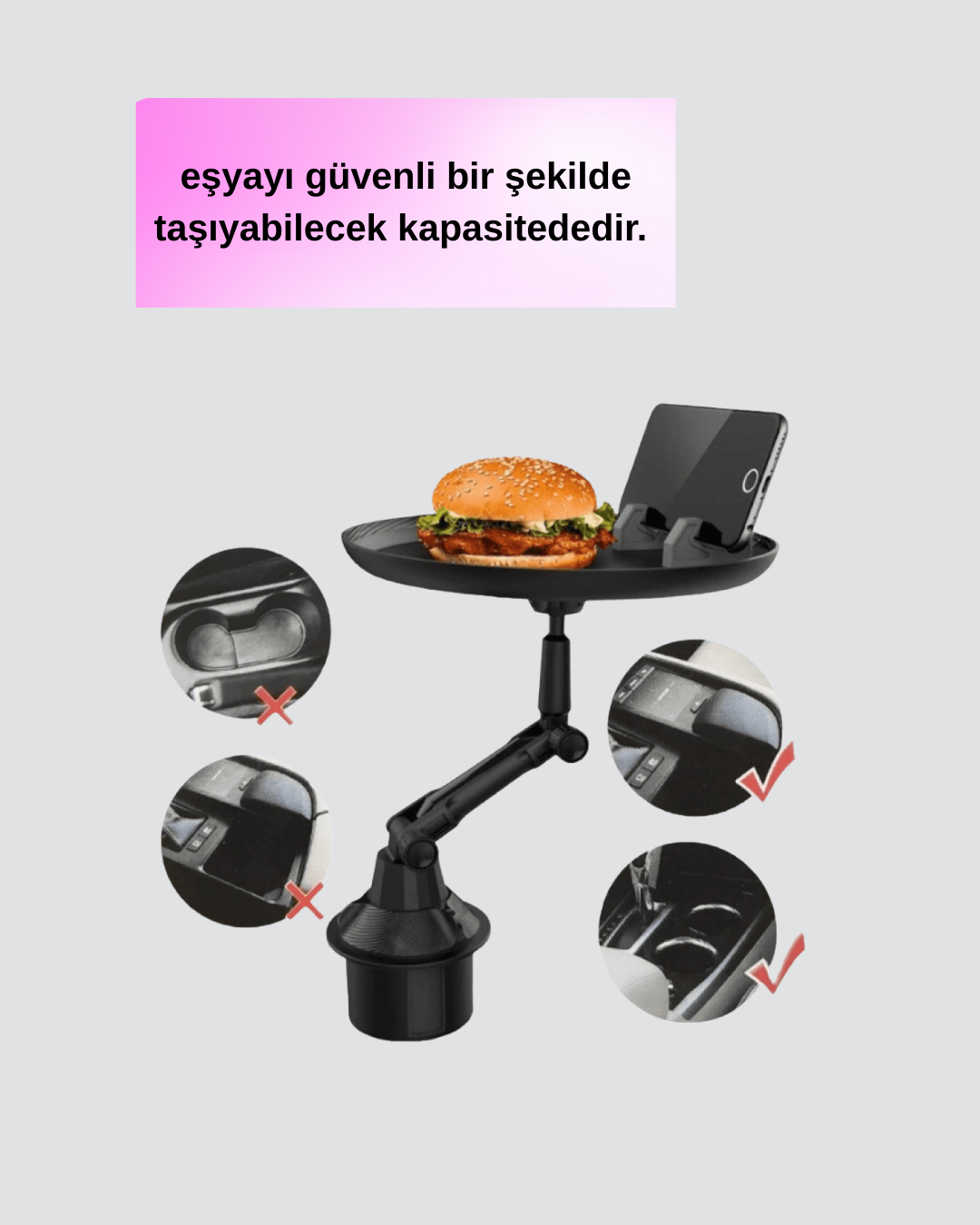 Universal Araç İçi Bardaklık Tepsisi 9 İnç Yemek Alanı ve Telefon Standlı