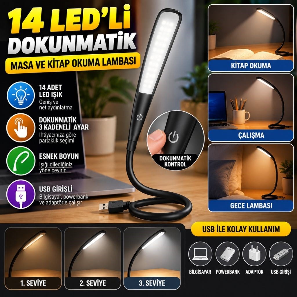 USB Girişli 14 Ledli 3 Kademeli Dokunmatik Masa/Kitap Okuma Lambası Ledi Siyah