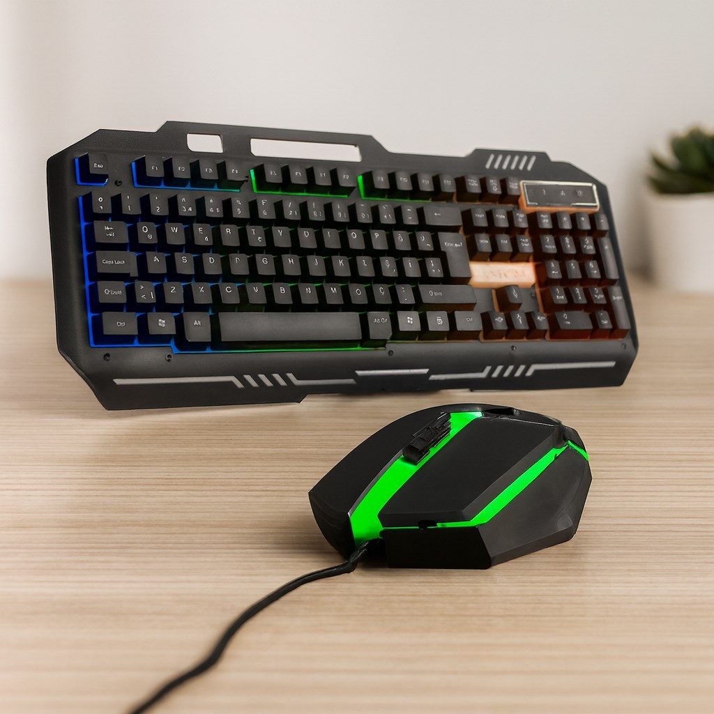 USB Kablolu RGB (Gökkuşağı) Işıklı Klavye ve Mouse Seti - 150 cm