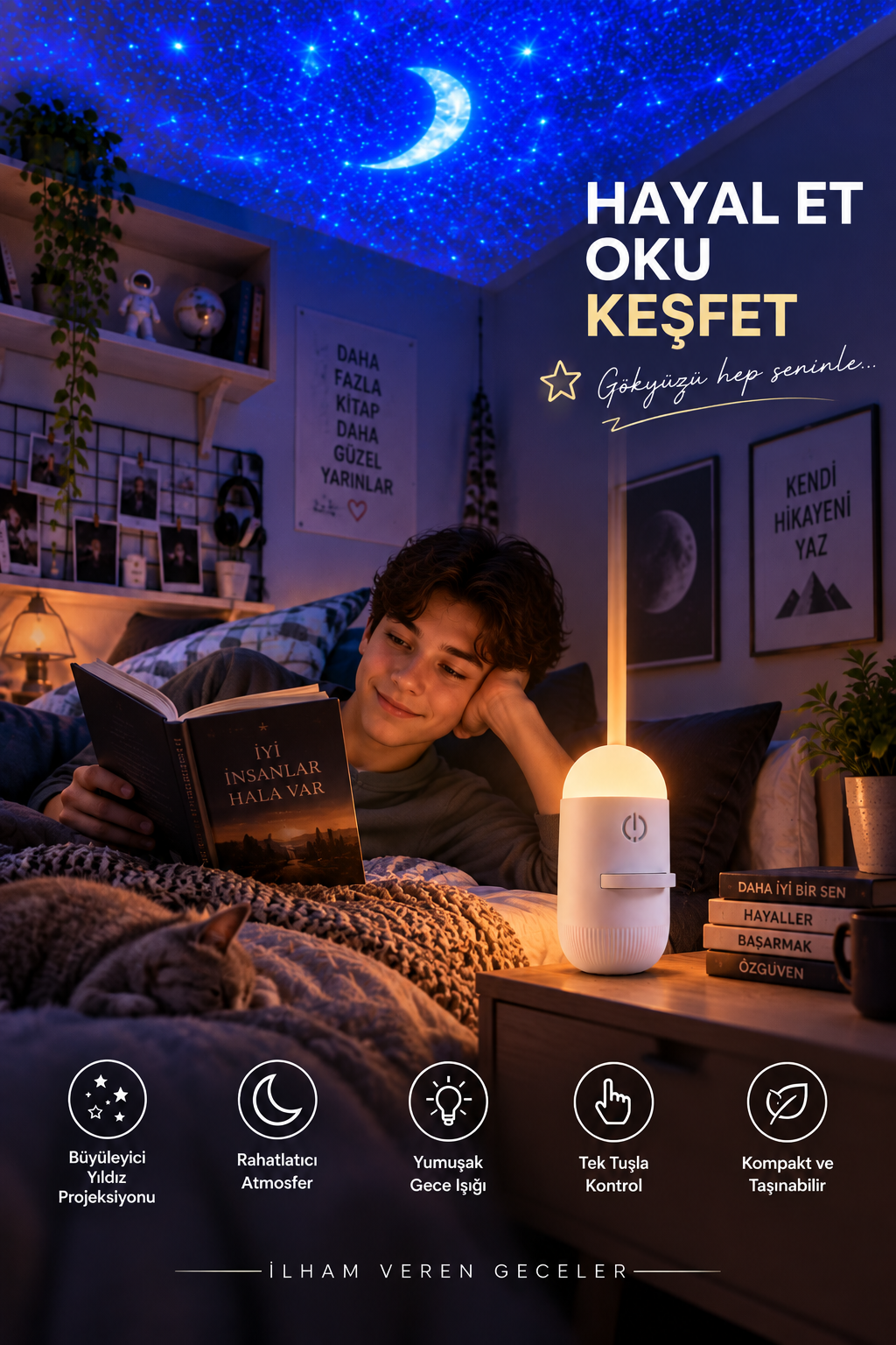 USB Kullanımlı Yıldız Projeksiyonlu Dekoratif Gece Işığı