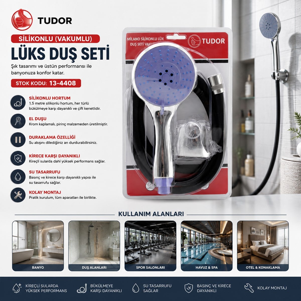 Vakumlu Silikon Lüks Duş Seti 1.5m - Çok Fonksiyonlu Duş Başlığı, 3 Kademe Mafsal