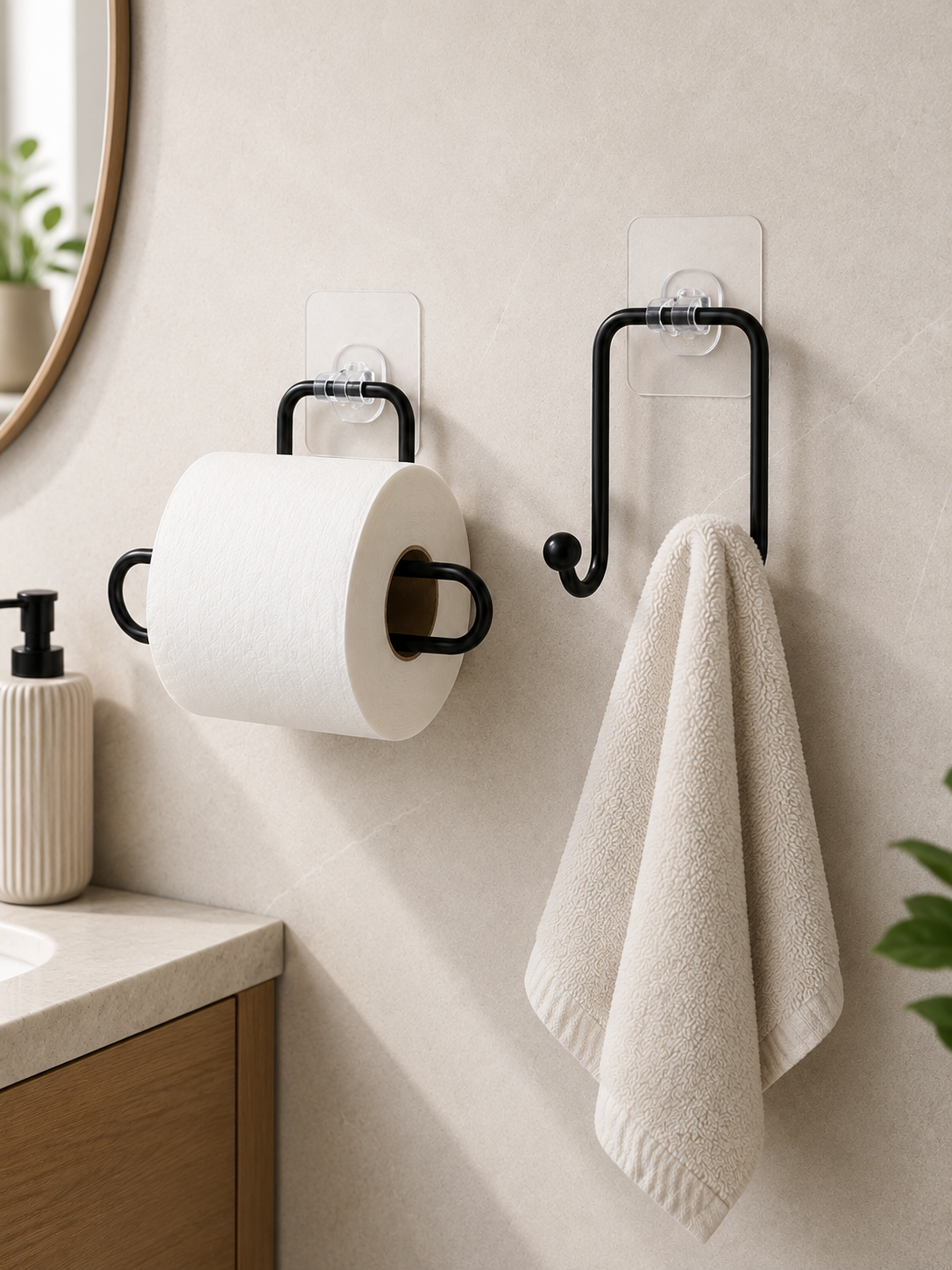 Vidasız Banyo Seti Yapışkanlı Tuvalet Kağıdı Tutucu ve Havlu Askısı 2’li Set