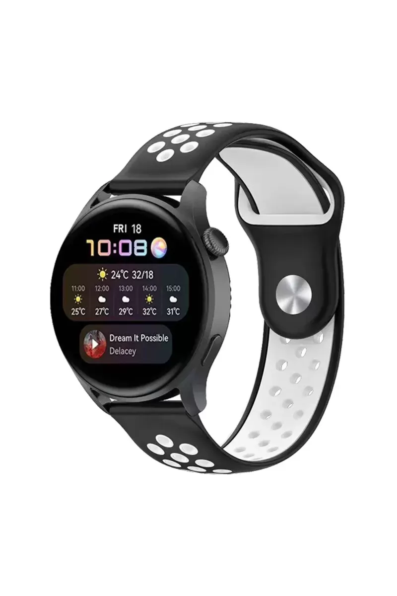 Watch 20mm Spor Delikli Kordon - Siyah-Beyaz