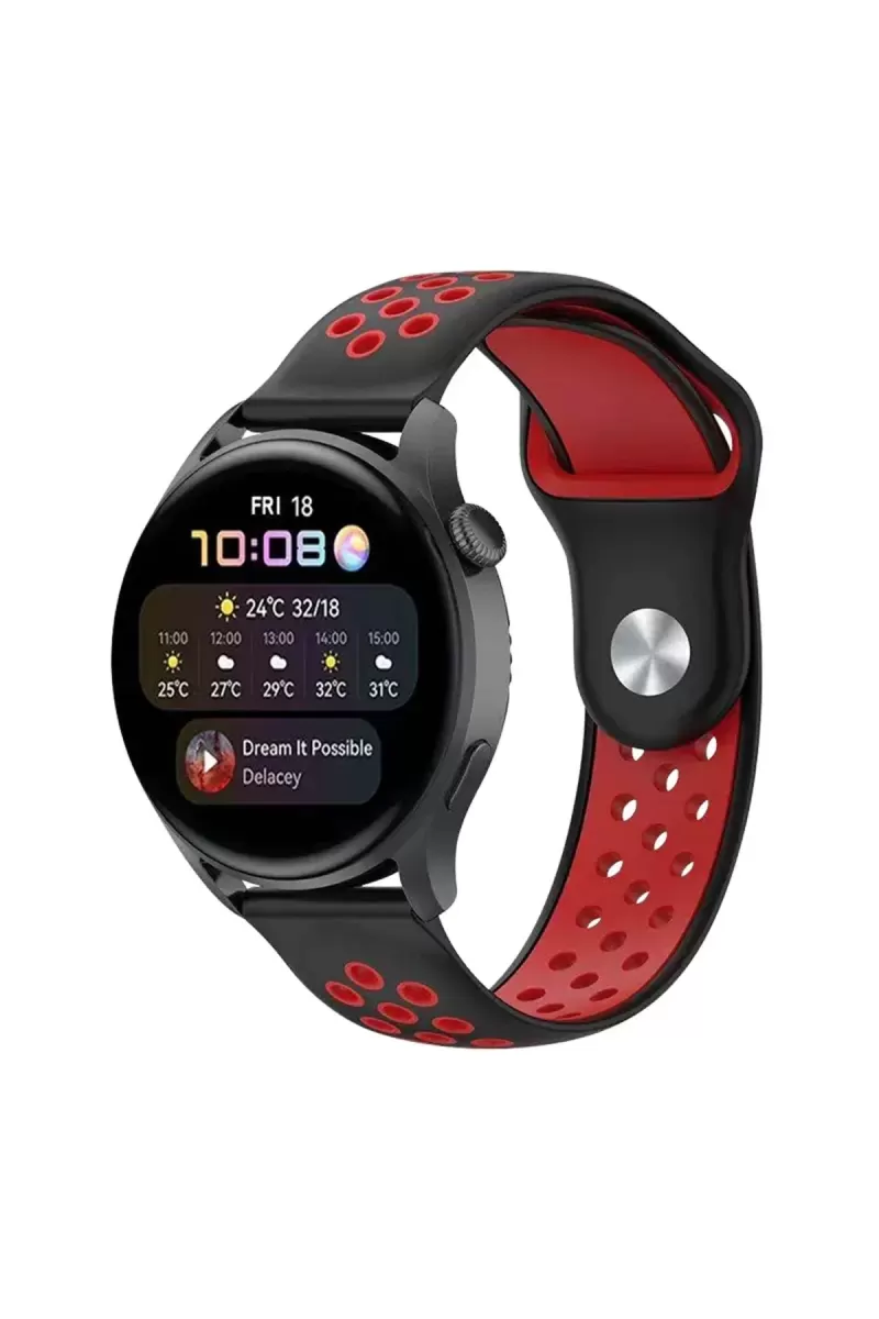 Watch 20mm Spor Delikli Kordon - Siyah-Kırmızı
