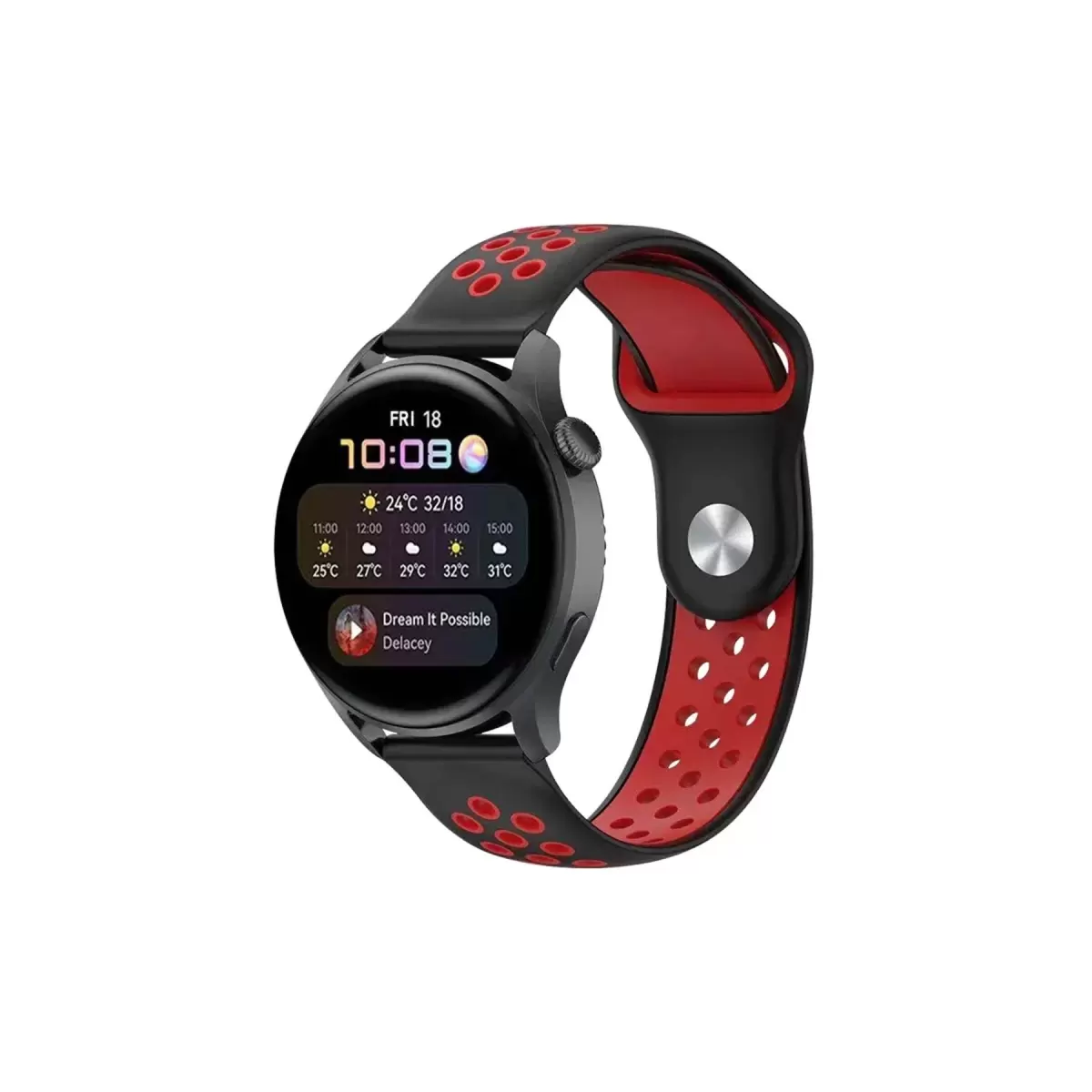Watch 20mm Spor Delikli Kordon - Siyah-Kırmızı
