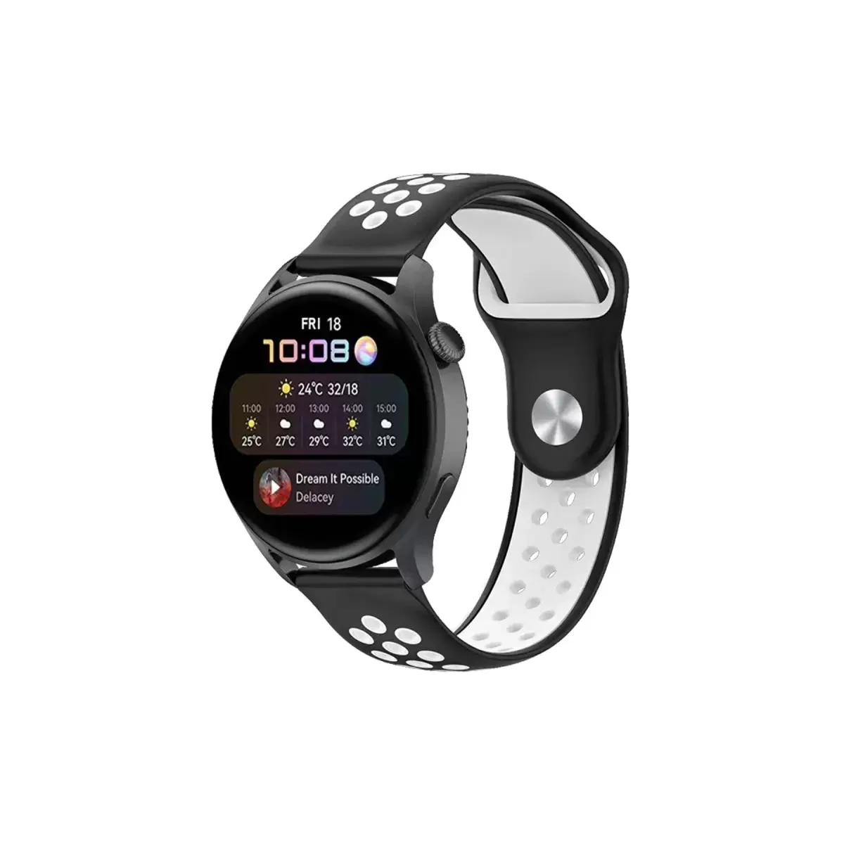 Watch 22mm Spor Delikli Kordon - Siyah-Beyaz