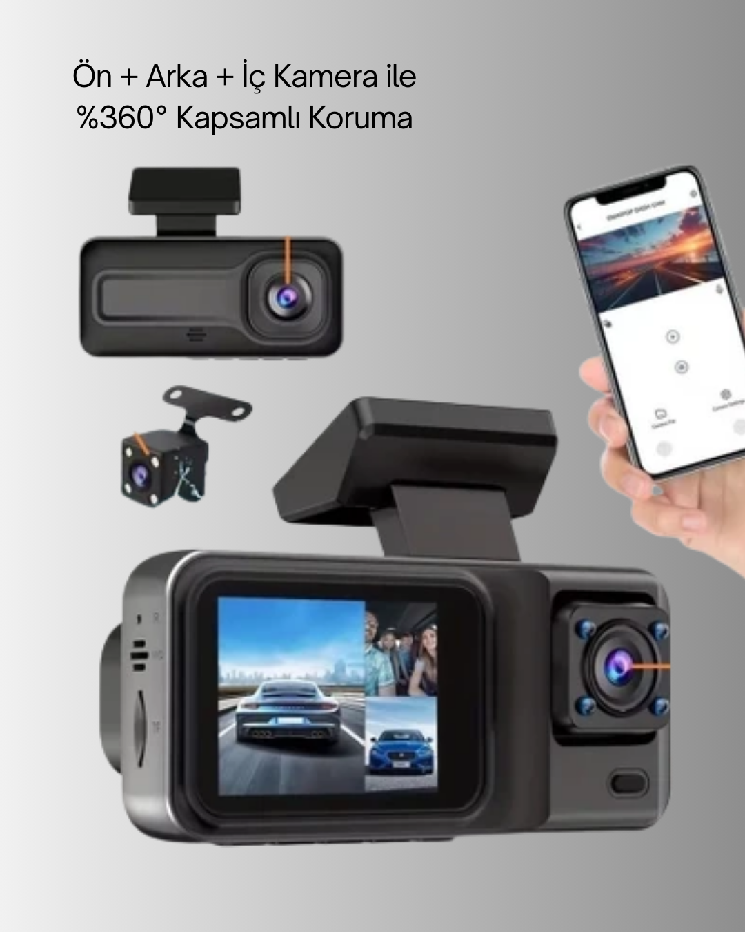 Wi-Fi Bağlantılı Full HD Araç Kamera Seti 3 Kameralı Park Koruma ve Döngü Kayıt