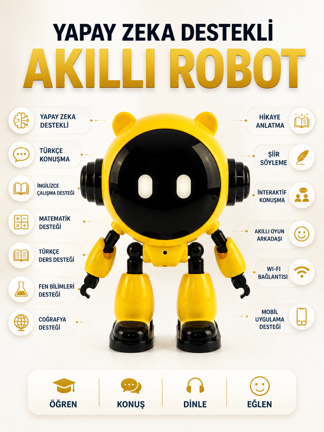 Yapay Zeka Destekli Akıllı Çocuk Robotu Türkçe Konuşma 40 Dil Wi-Fi ve Eğitim Desteği