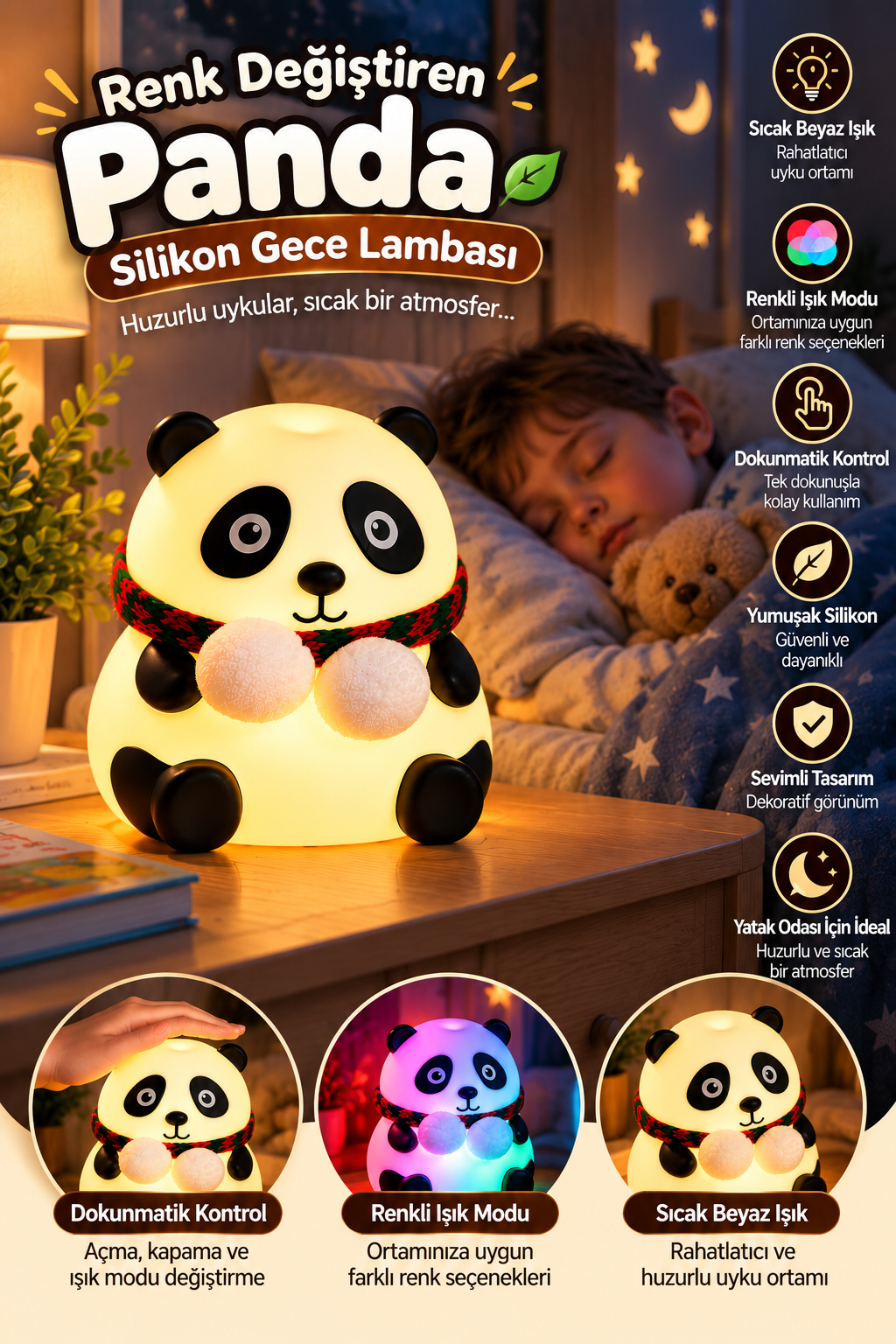 Yatak Odası Çocuk Odası İçin Renk Değiştiren Panda Silikon Gece Lambası