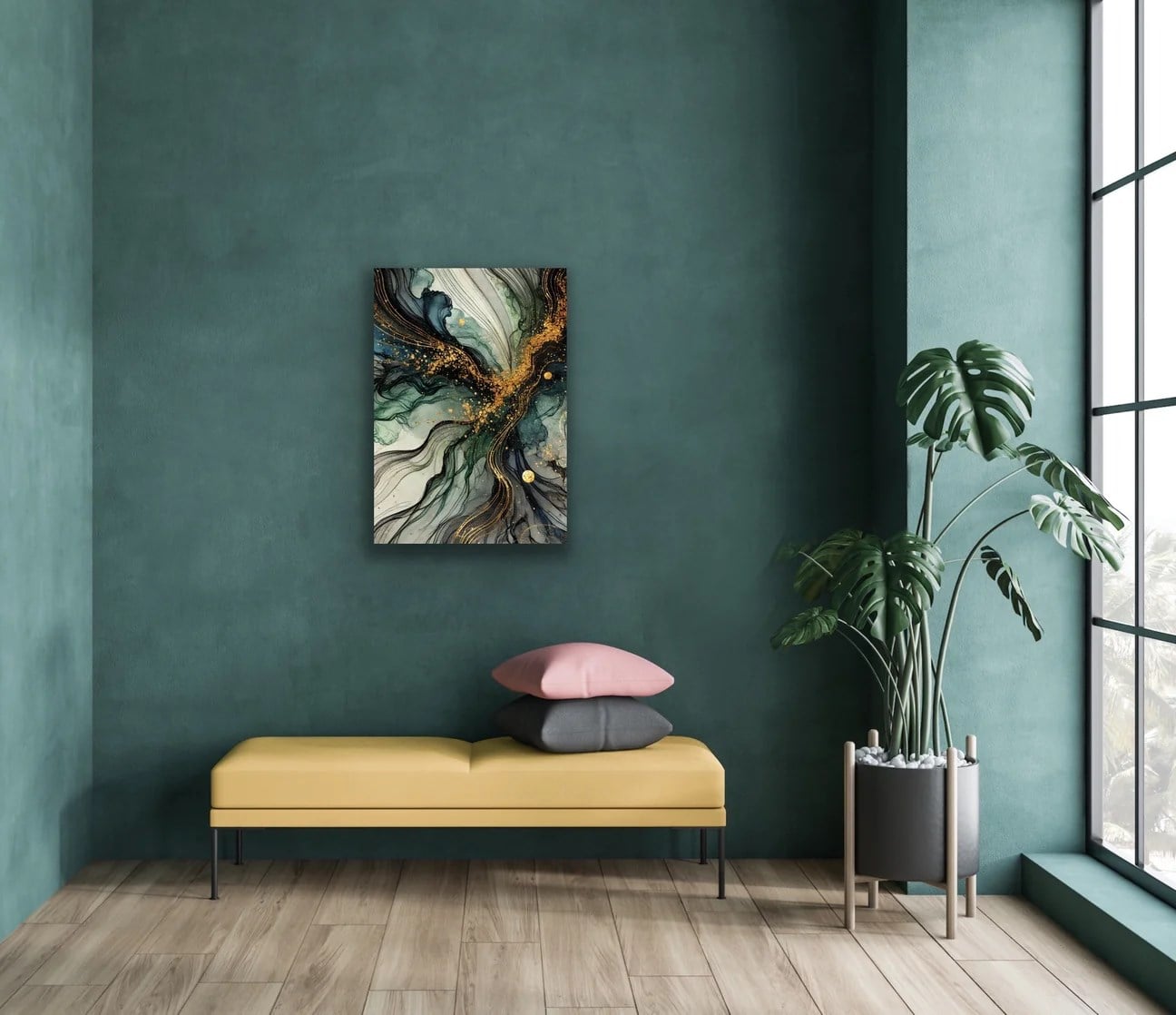 Yeşil Mavi Gold Soyut Kanvas Tablo 70x100cm