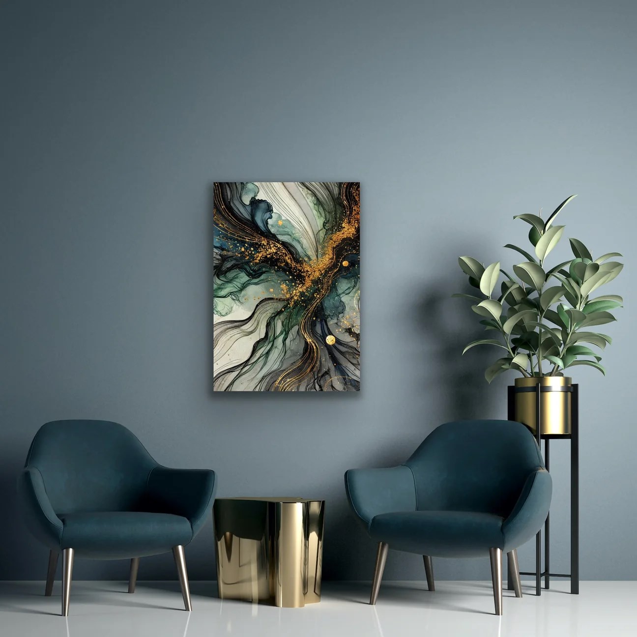 Yeşil Mavi Gold Soyut Kanvas Tablo 70x100cm