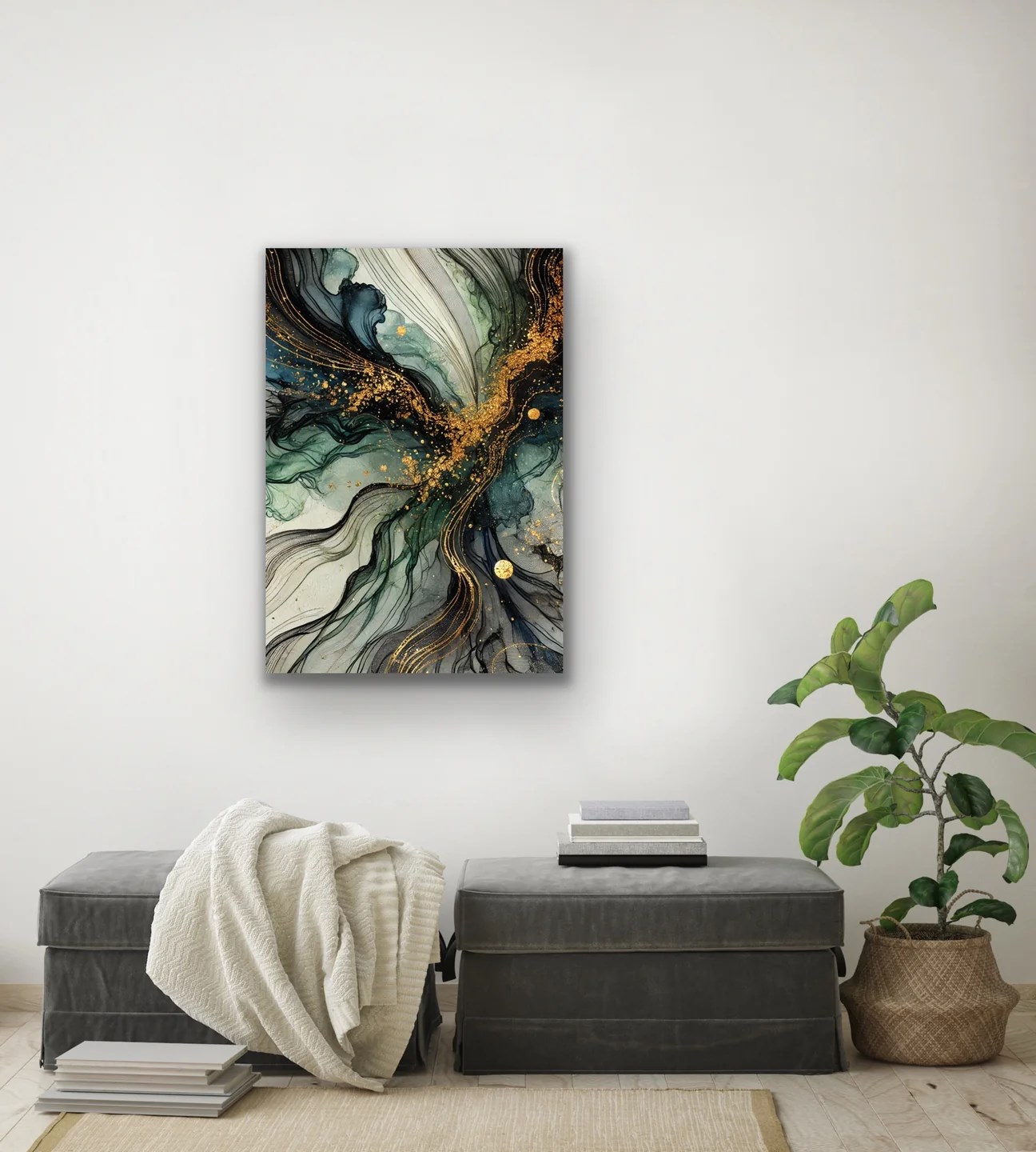Yeşil Mavi Gold Soyut Kanvas Tablo 70x100cm