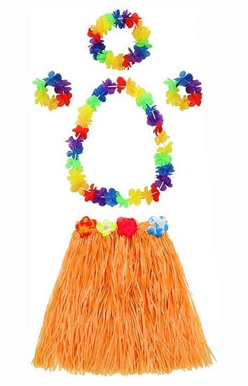 Yetişkin ve Çocuk Uyumlu Luau Aloha Hawaii Turuncu Etek ve Renkli Kolye Taç 2 Adet Bileklik Seti
