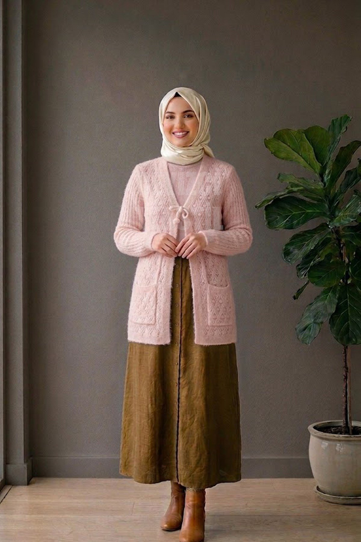 Yumoş Ponpon Bağlamalı Yelek - Pudra